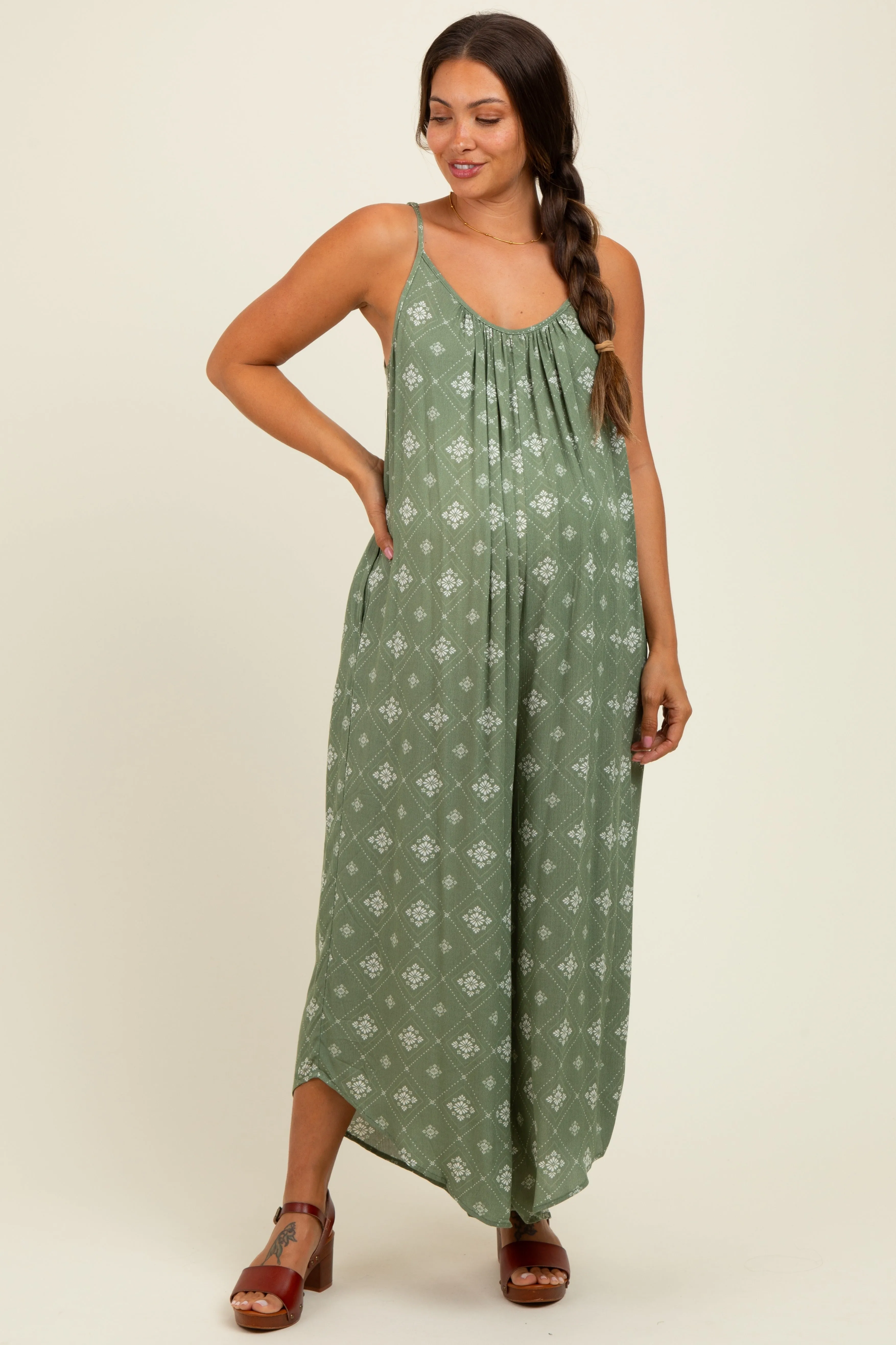 Olive Tile Mosaic Printed Cami Maternity Jumpsuit sold by Pinkblush product image thumbnail 2