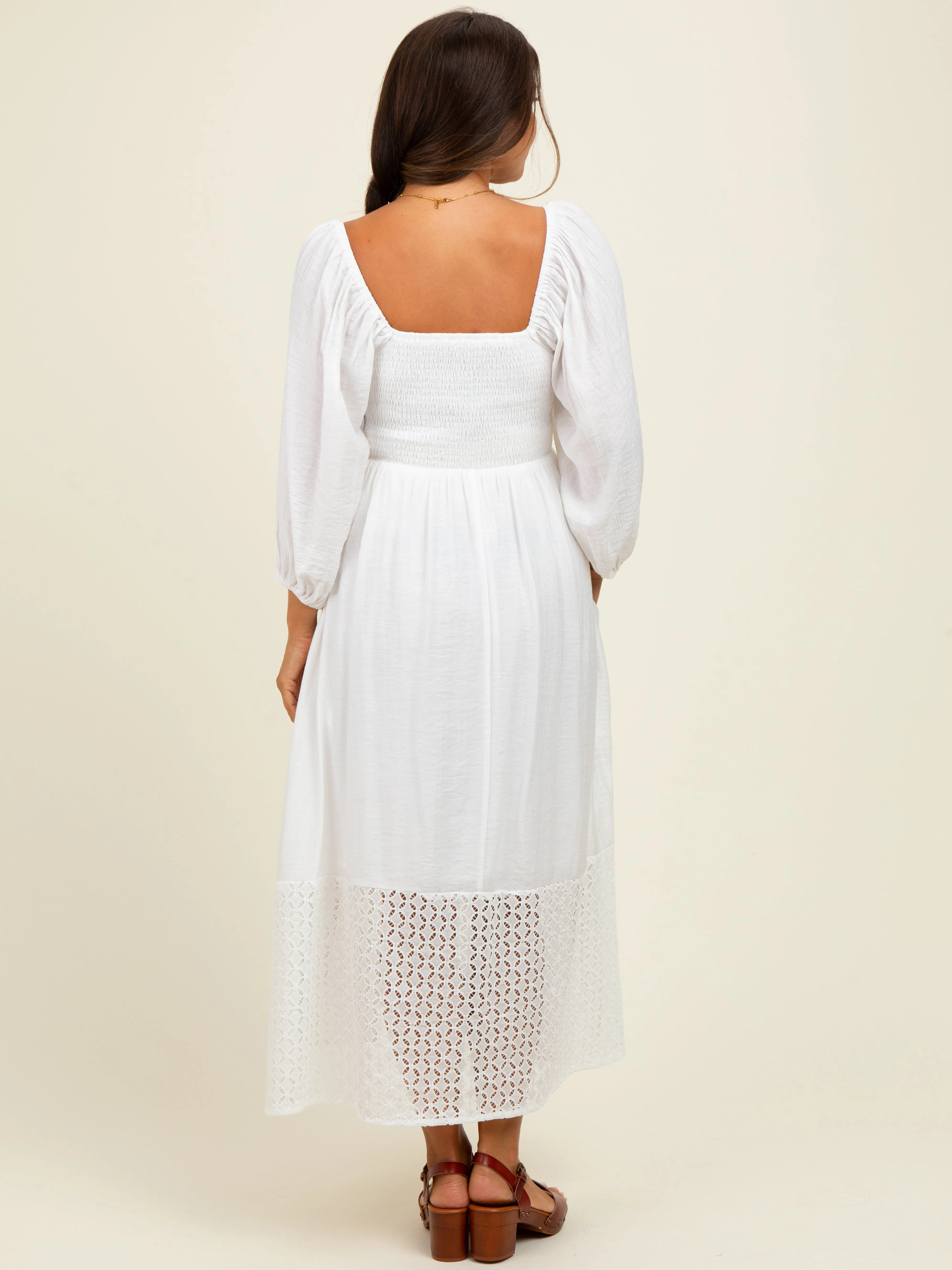White Eyelet Contrast Smocked Bubble Sleeve Maternity Midi Dress sold by Pinkblush product image thumbnail 3