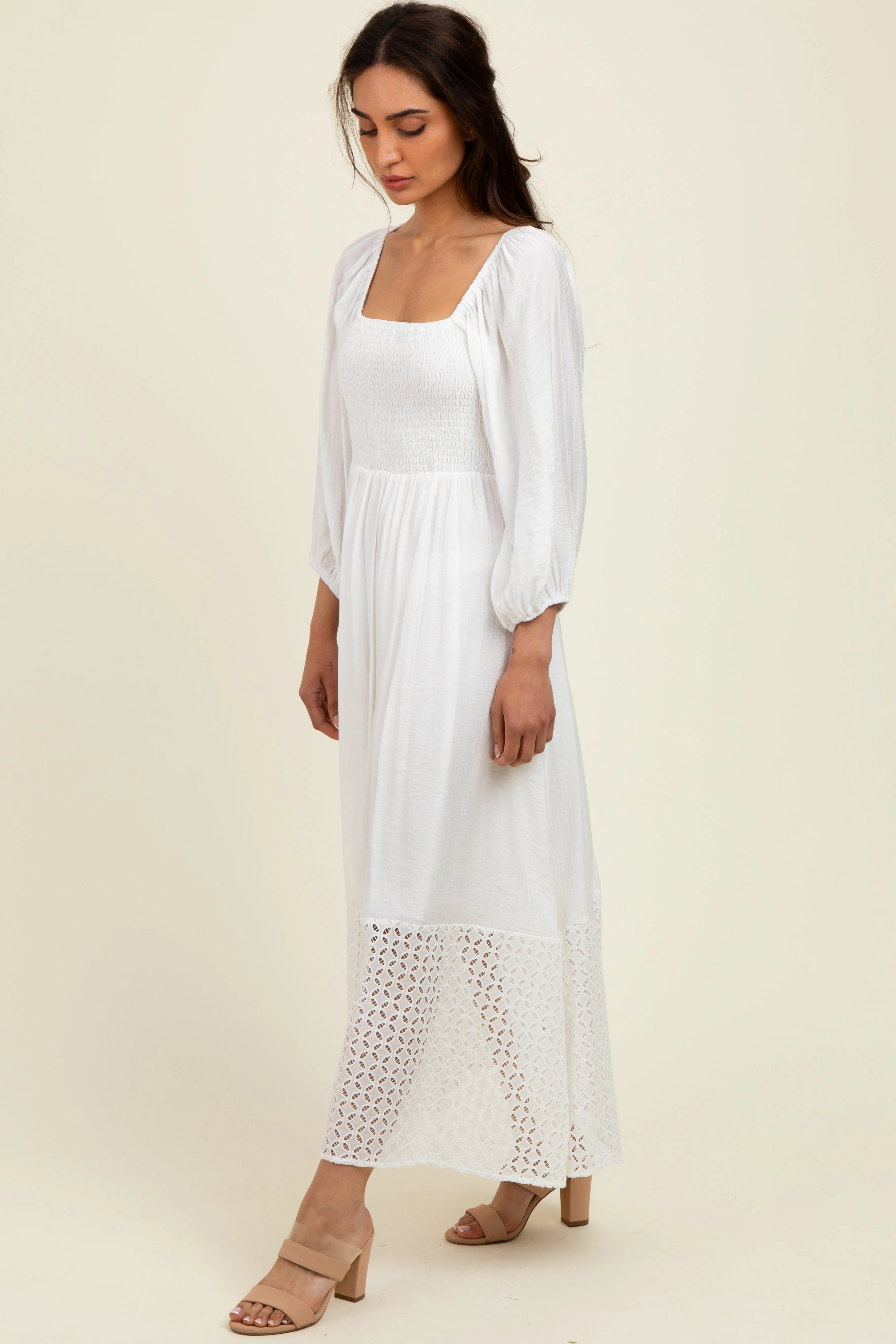 White Eyelet Contrast Smocked Bubble Sleeve Maternity Midi Dress sold by Pinkblush product image thumbnail 4