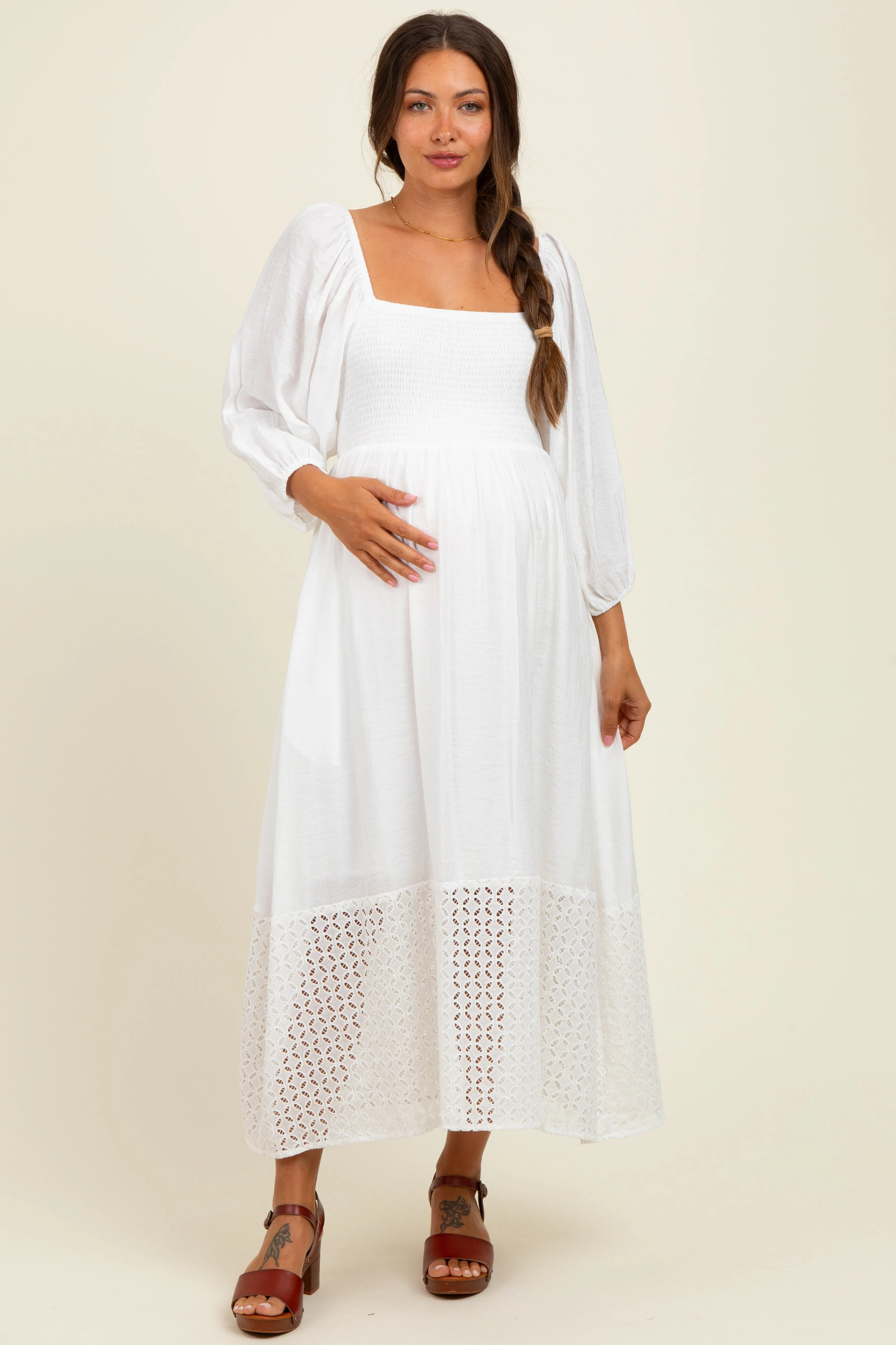 White Eyelet Contrast Smocked Bubble Sleeve Maternity Midi Dress sold by Pinkblush