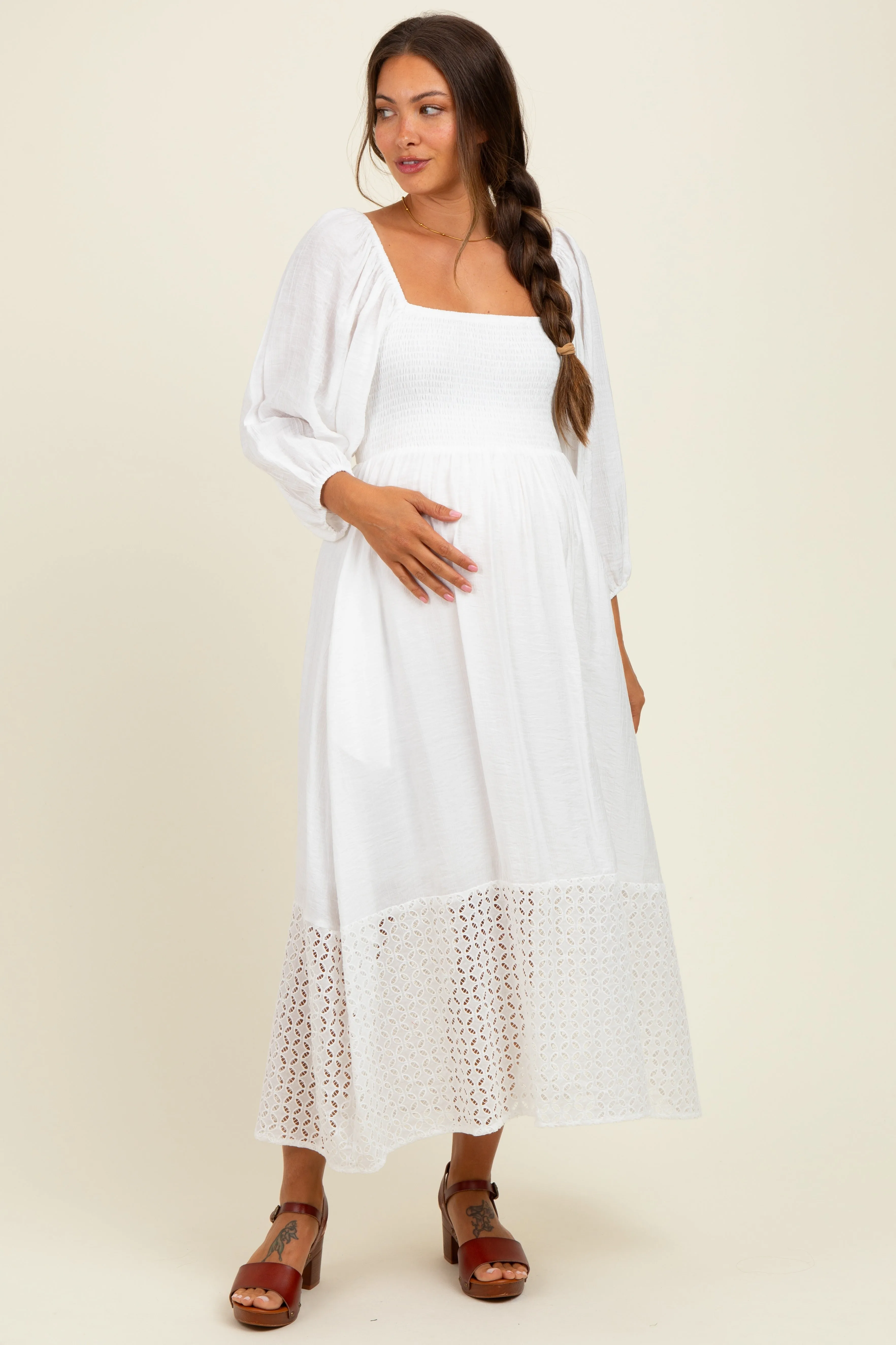 White Eyelet Contrast Smocked Bubble Sleeve Maternity Midi Dress sold by Pinkblush product image thumbnail 2