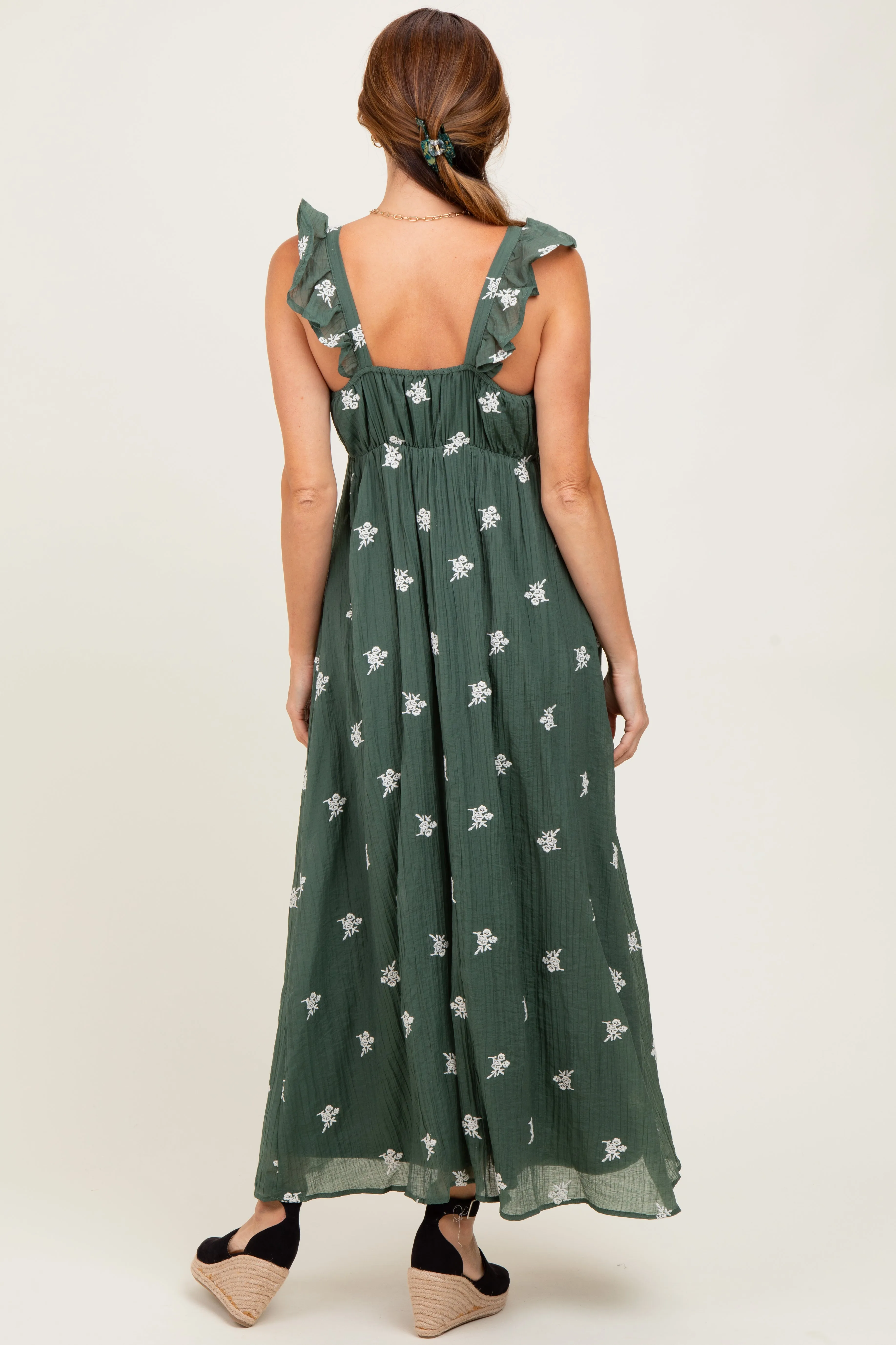 Forest Green Floral Embroidered V-Neck Midi Dress sold by Pinkblush product image thumbnail 4