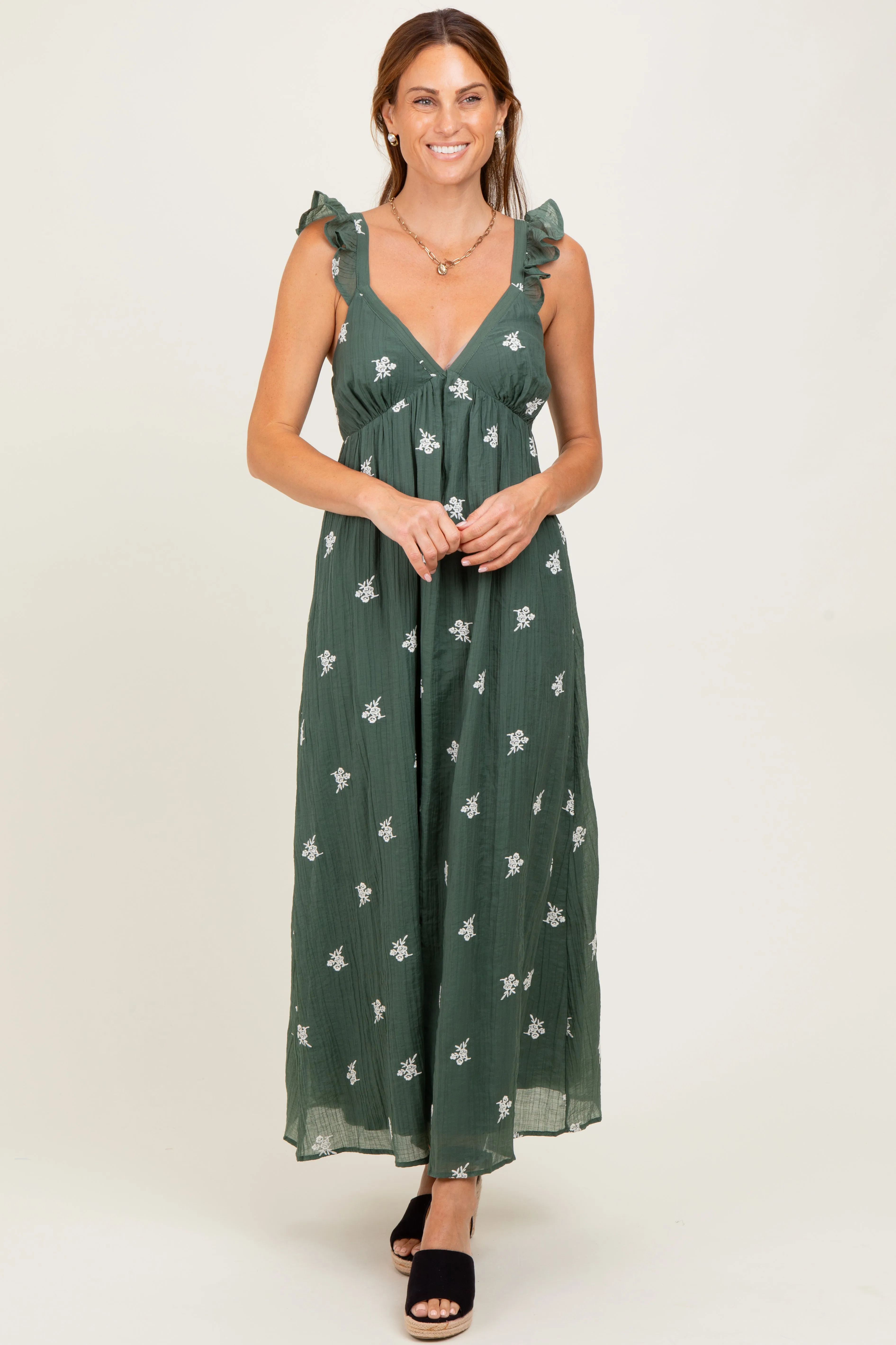 Forest Green Floral Embroidered V-Neck Midi Dress sold by Pinkblush
