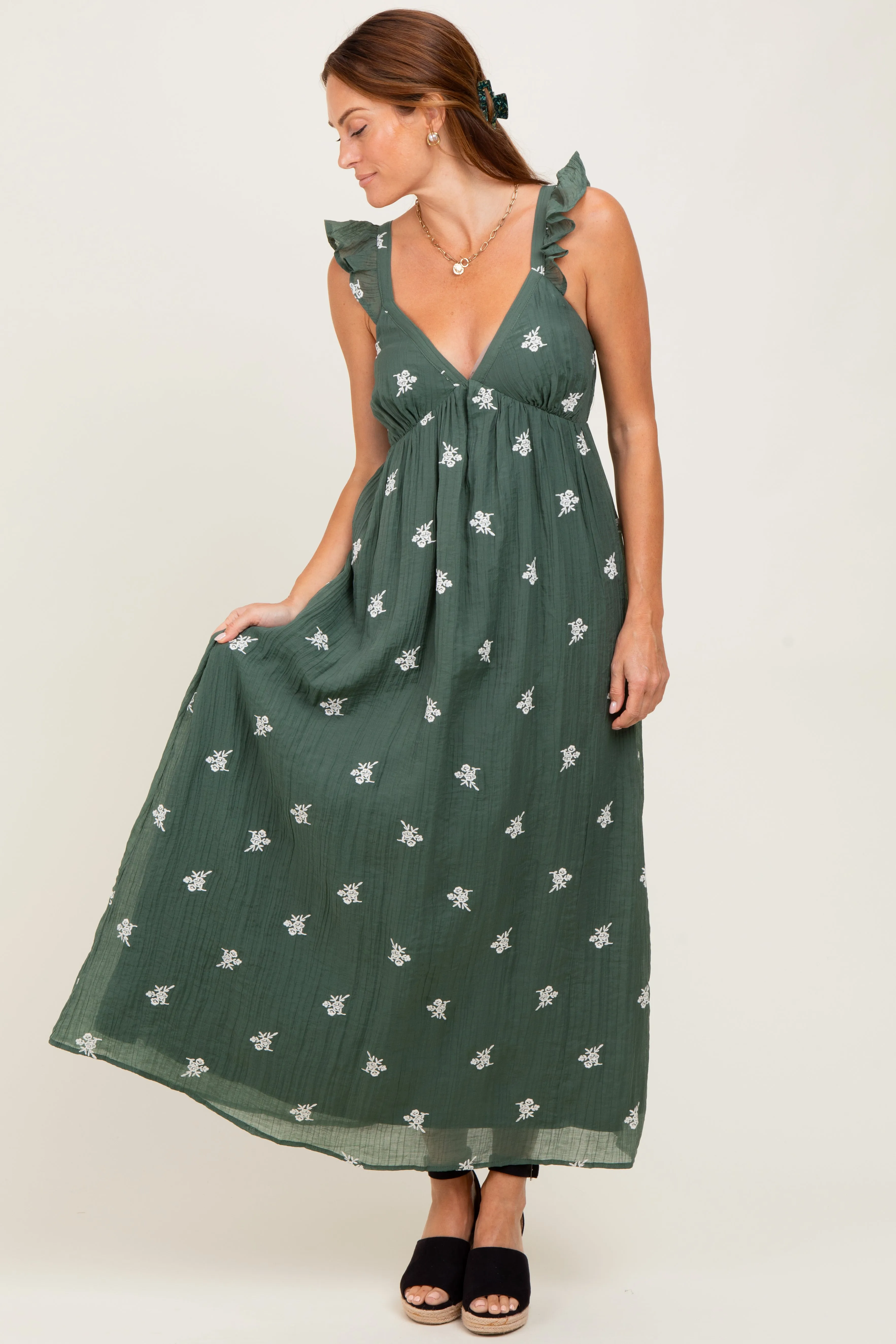 Forest Green Floral Embroidered V-Neck Midi Dress sold by Pinkblush product image thumbnail 2