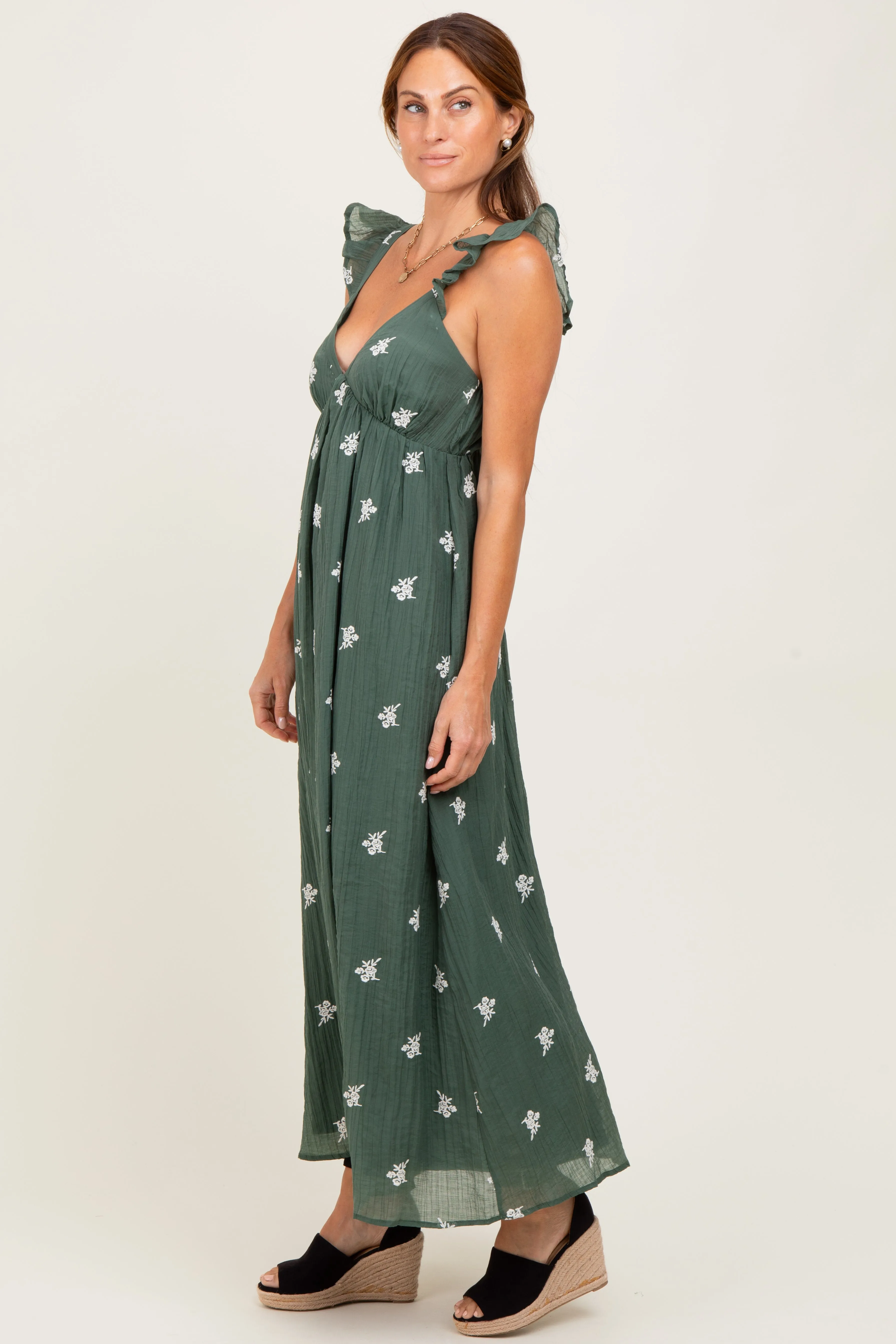 Forest Green Floral Embroidered V-Neck Midi Dress sold by Pinkblush product image thumbnail 3