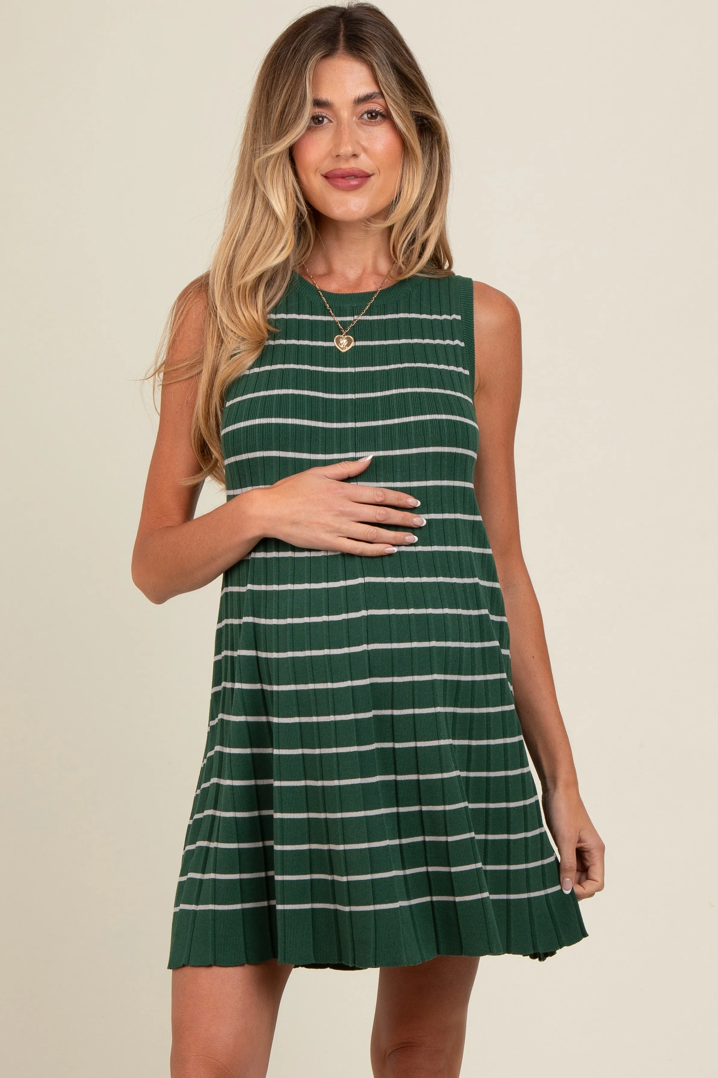 Forest Green Striped Knit Pleated Maternity A-Line Mini Dress sold by Pinkblush product image thumbnail 2