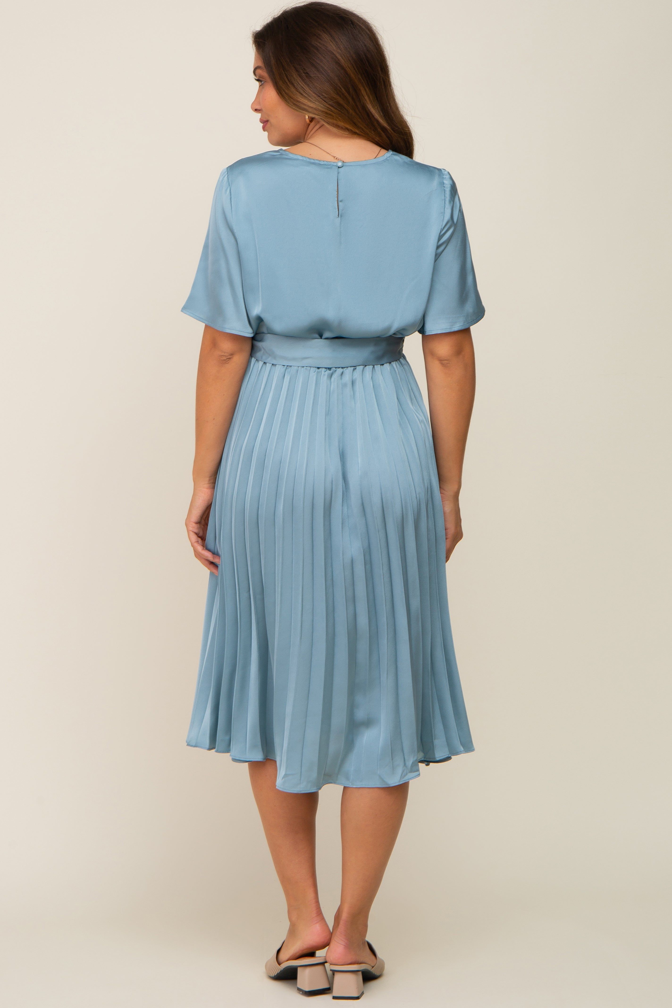 Blue Satin Pleated Maternity Midi Dress sold by Pinkblush product image thumbnail 4