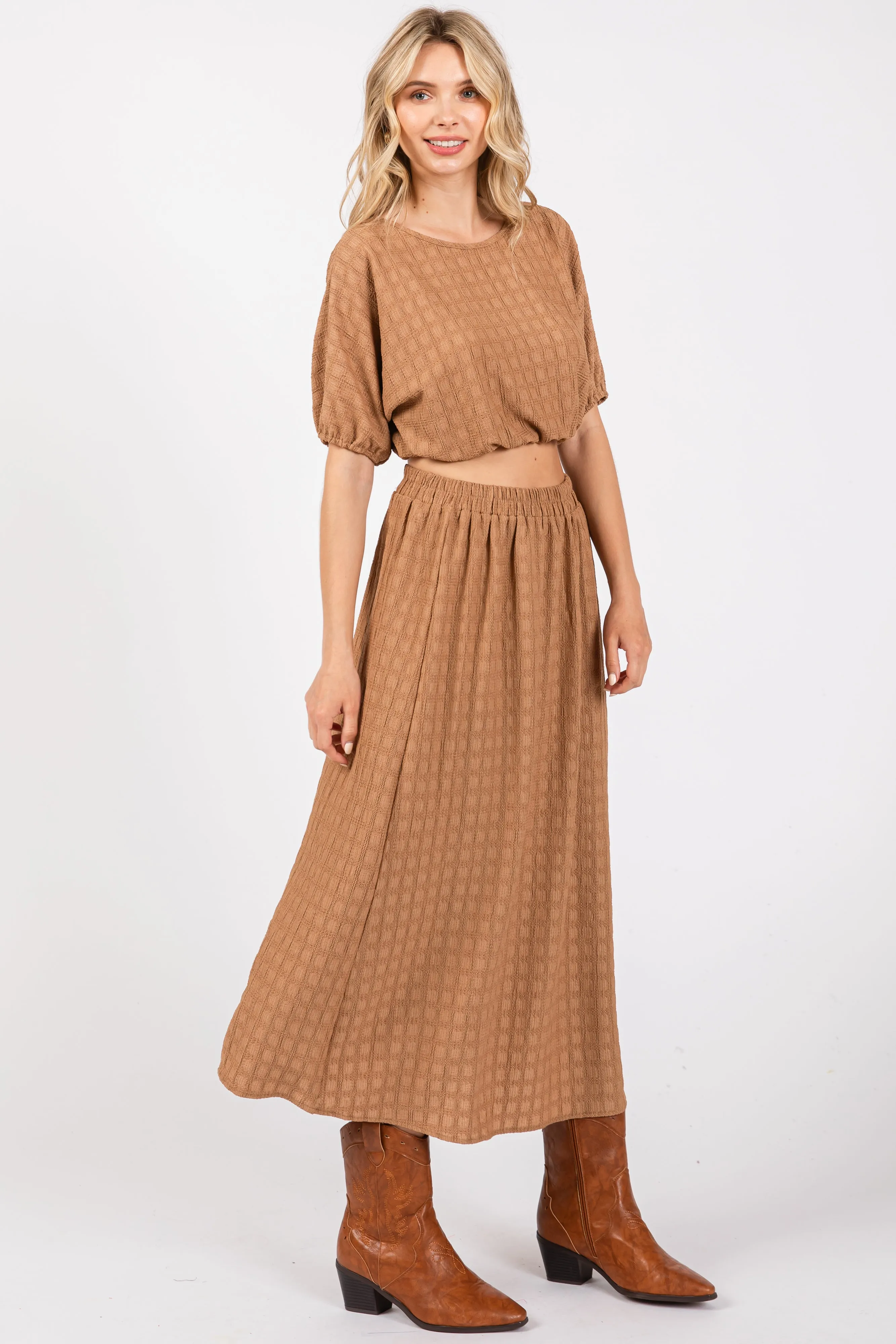 Mocha Waffle Texture Crop Top and Skirt Set sold by Pinkblush product image thumbnail 2