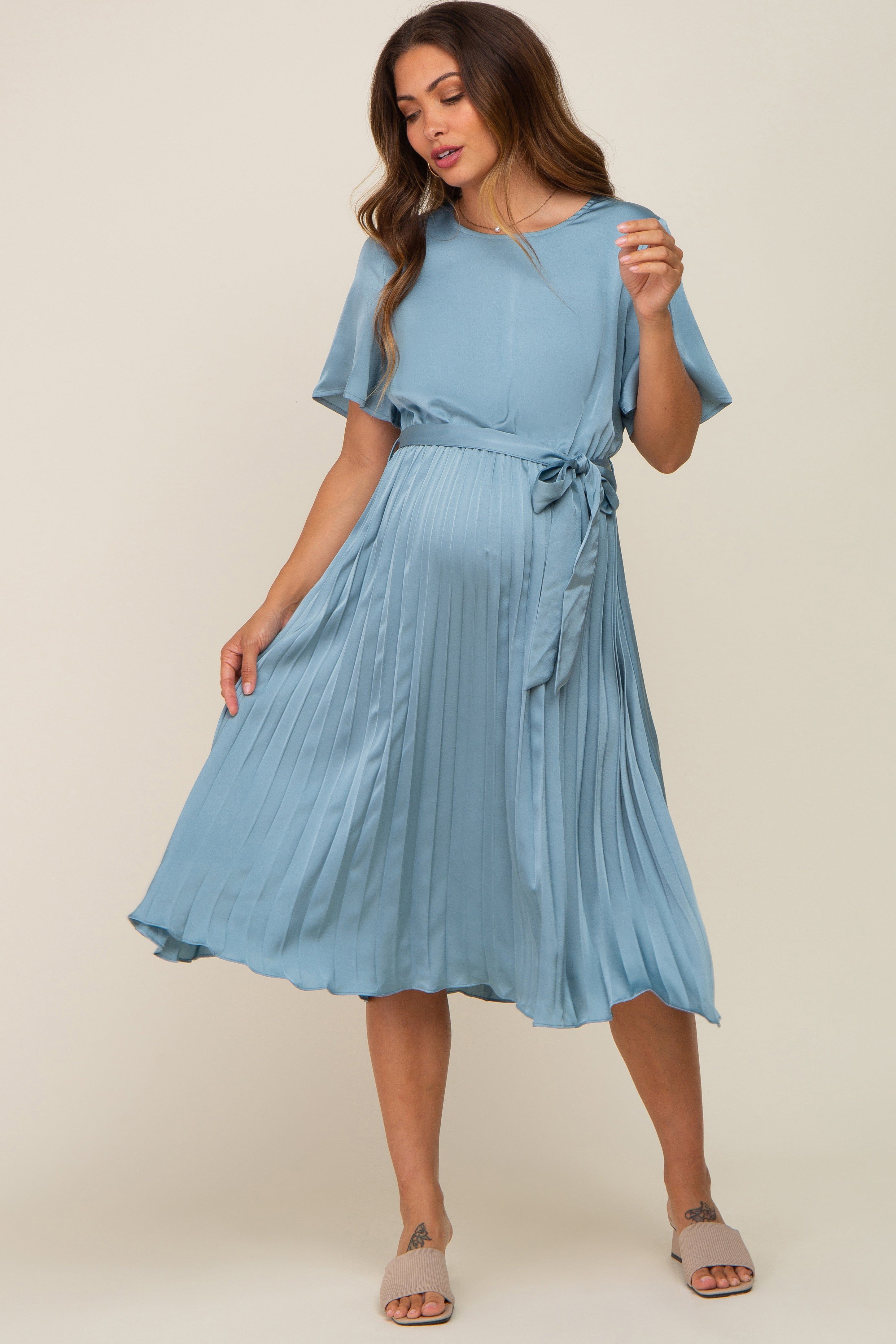 Blue Satin Pleated Maternity Midi Dress sold by Pinkblush product image thumbnail 2