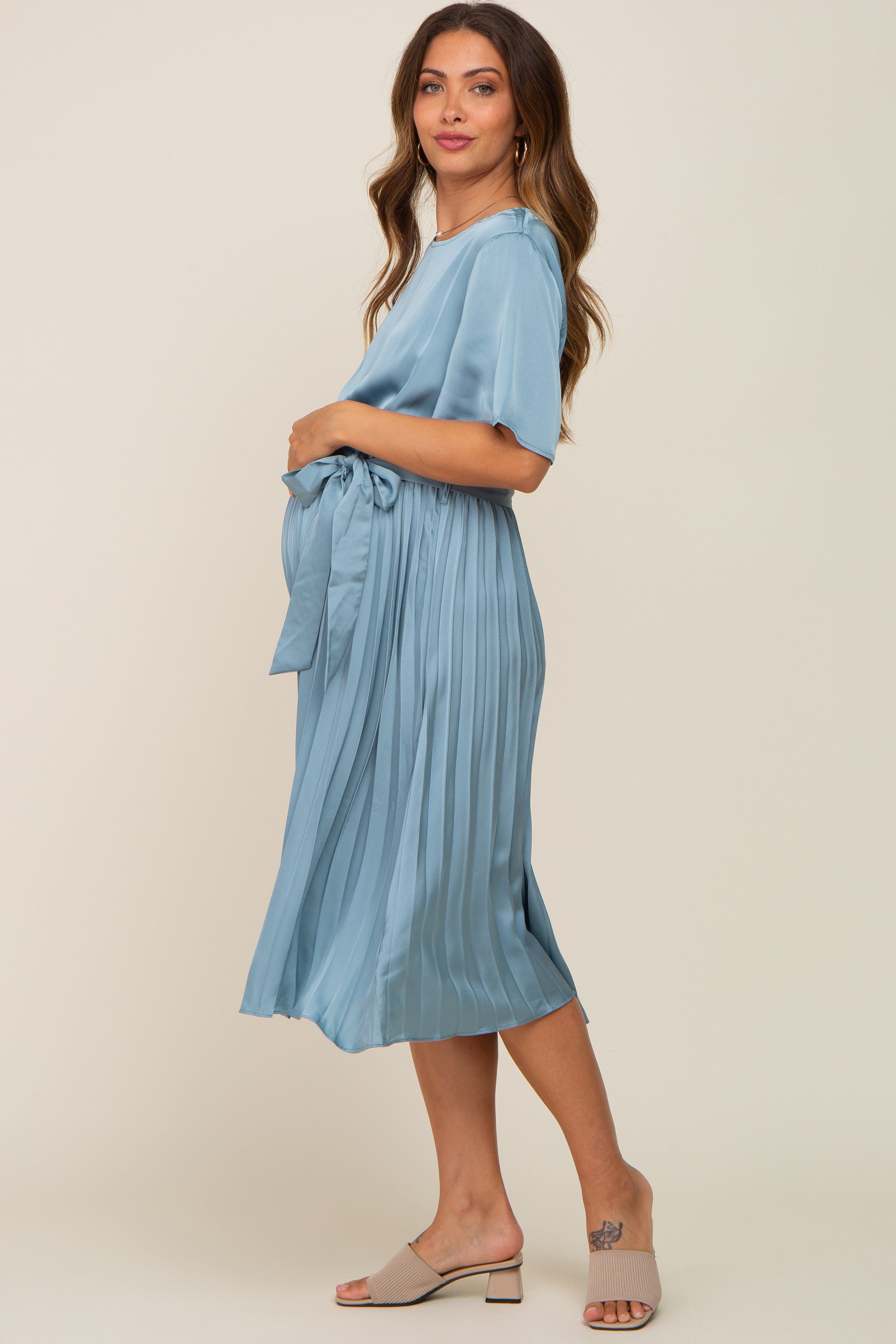 Blue Satin Pleated Maternity Midi Dress sold by Pinkblush product image thumbnail 3
