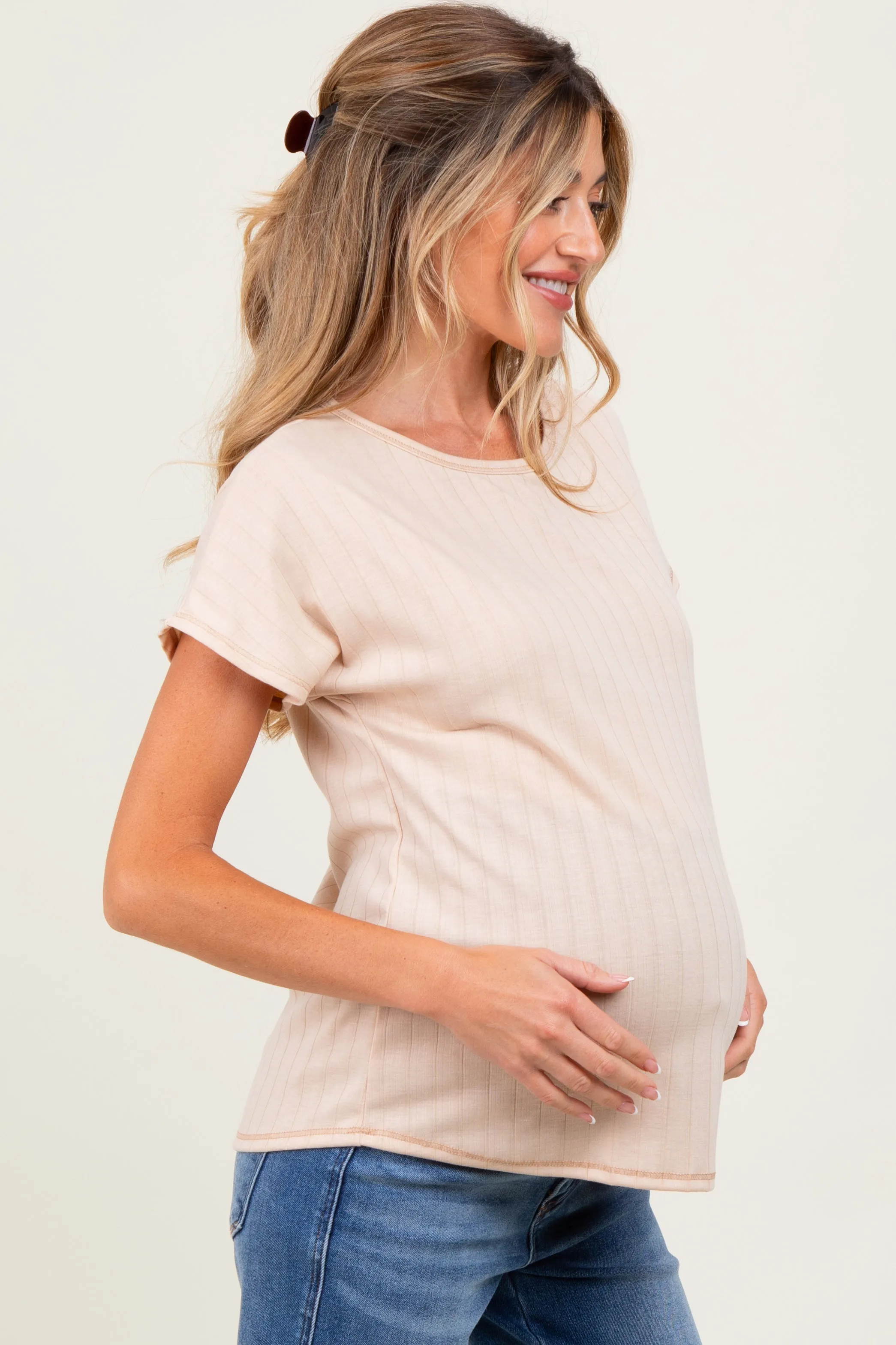 Beige Ribbed Relaxed Maternity Tee sold by Pinkblush product image thumbnail 3
