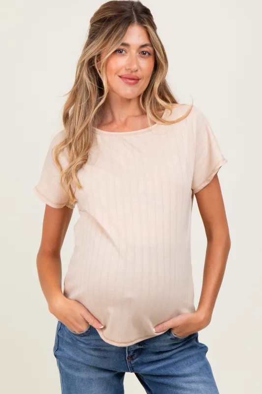 Beige Ribbed Relaxed Maternity Tee sold by Pinkblush