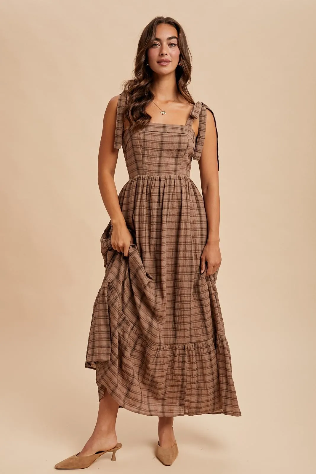 Mocha Plaid Sleeveless Cotton Maxi Dress sold by Pinkblush