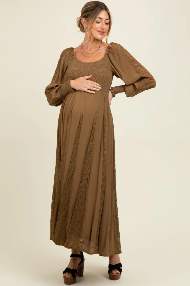 Brown Lace Inset Smocked Maternity Maxi Dress sold by Pinkblush product image thumbnail 3