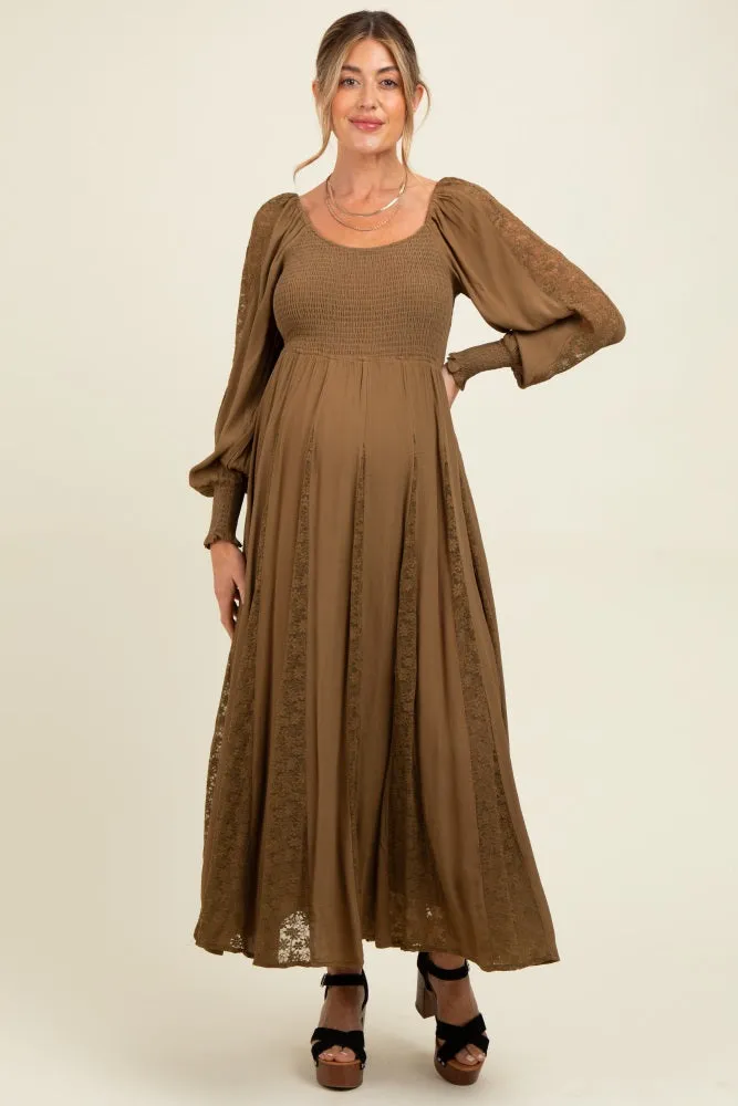 Brown Lace Inset Smocked Maternity Maxi Dress sold by Pinkblush