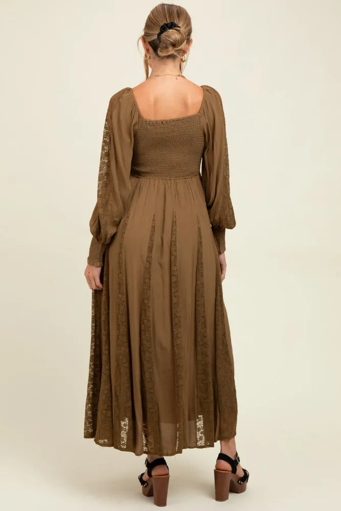 Brown Lace Inset Smocked Maternity Maxi Dress sold by Pinkblush product image thumbnail 5