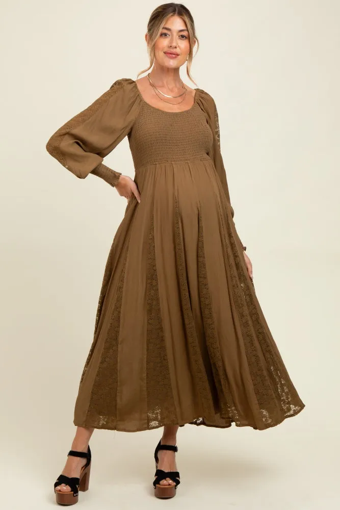 Brown Lace Inset Smocked Maternity Maxi Dress sold by Pinkblush product image thumbnail 2