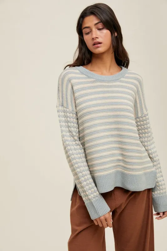 Light Olive Striped Dot Contrast Knit Sweater sold by Pinkblush