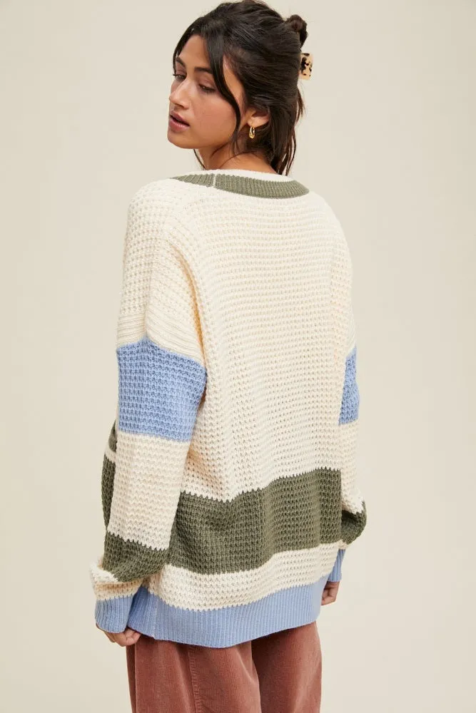 Cream Chunky Knit Colorblock Button-Up Cardigan sold by Pinkblush product image thumbnail 3