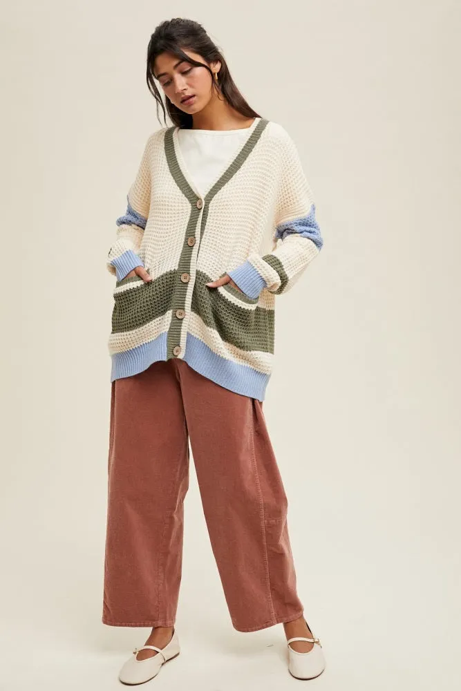 Cream Chunky Knit Colorblock Button-Up Cardigan sold by Pinkblush product image thumbnail 4