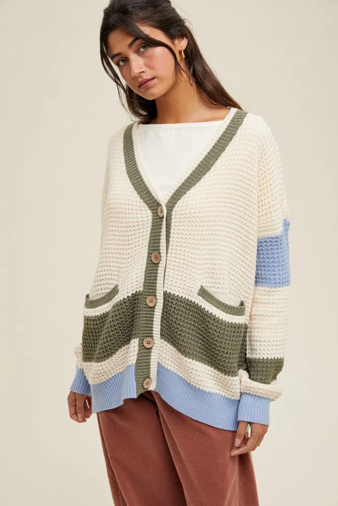Cream Chunky Knit Colorblock Button-Up Cardigan sold by Pinkblush
