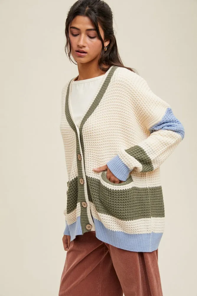 Cream Chunky Knit Colorblock Button-Up Cardigan sold by Pinkblush product image thumbnail 2