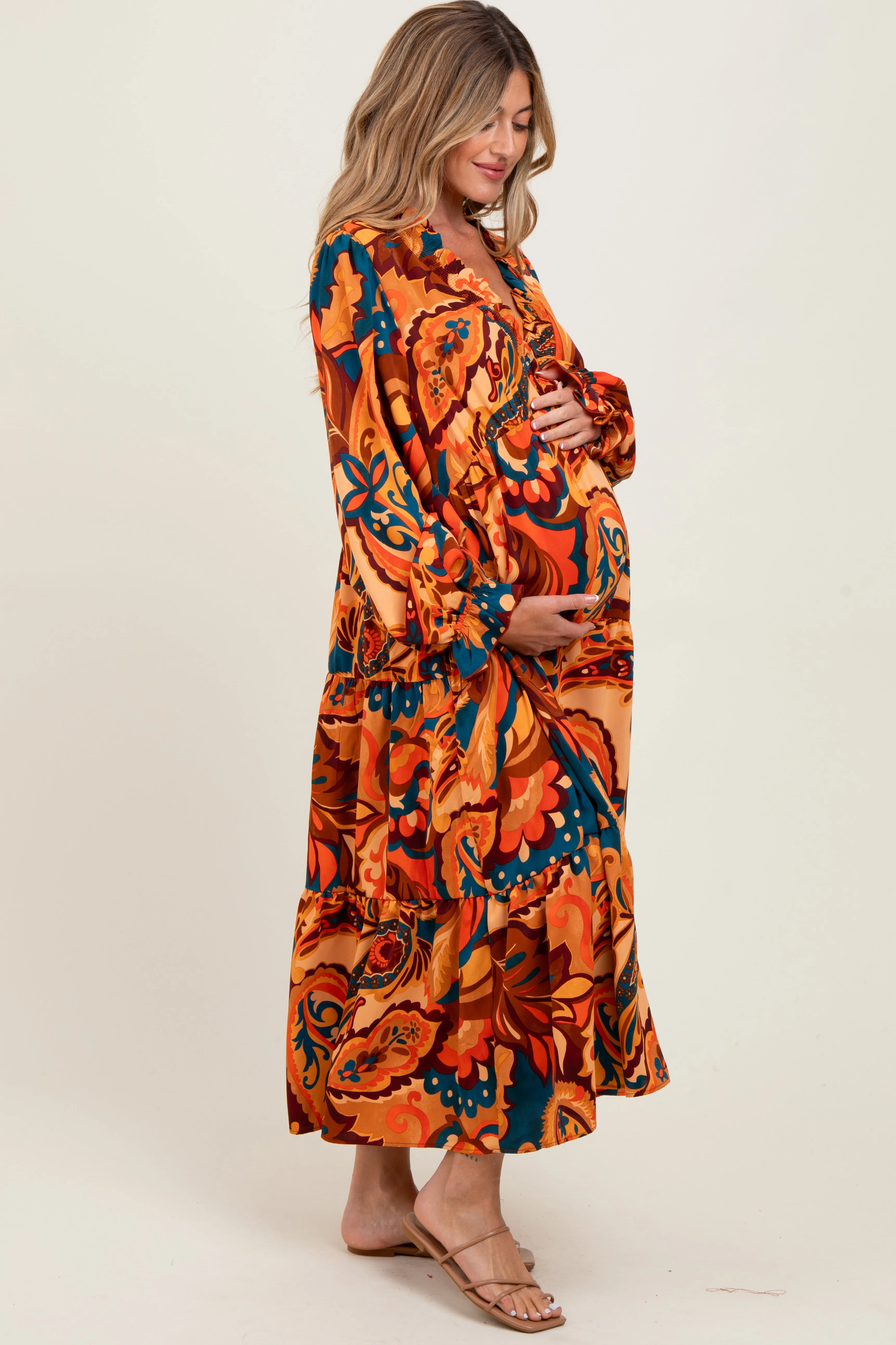 Peach Paisley V-Neck Long Sleeve Tiered Maternity Maxi Dress sold by Pinkblush product image thumbnail 2