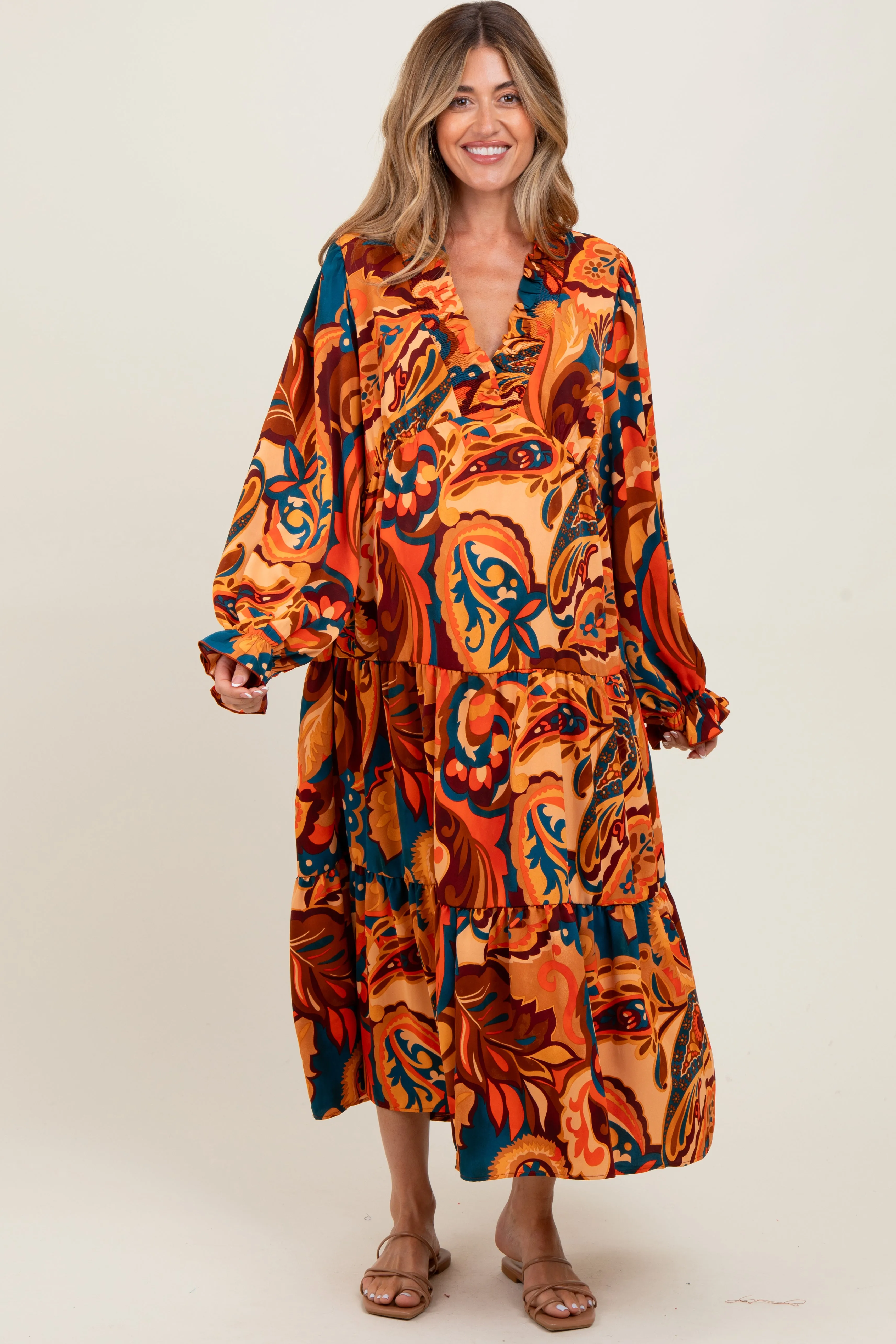 Peach Paisley V-Neck Long Sleeve Tiered Maternity Maxi Dress sold by Pinkblush