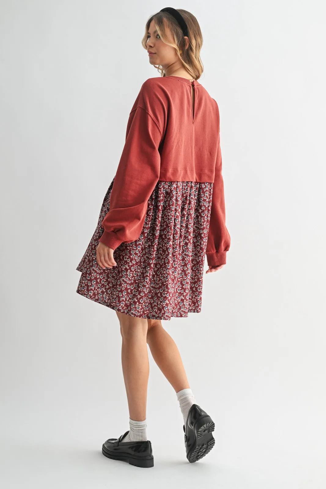 Burgundy Floral Sweatshirt Contrast Dress sold by Pinkblush product image thumbnail 3