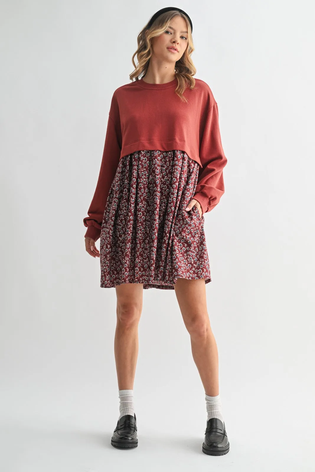 Burgundy Floral Sweatshirt Contrast Dress sold by Pinkblush