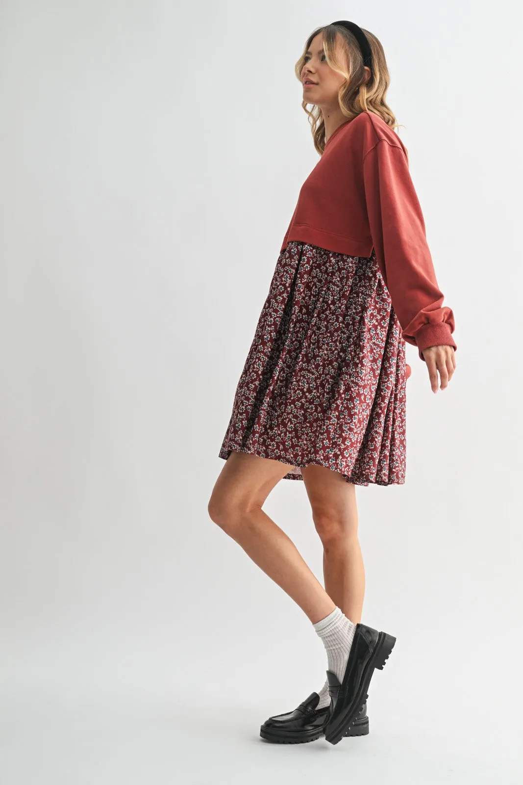 Burgundy Floral Sweatshirt Contrast Dress sold by Pinkblush product image thumbnail 2