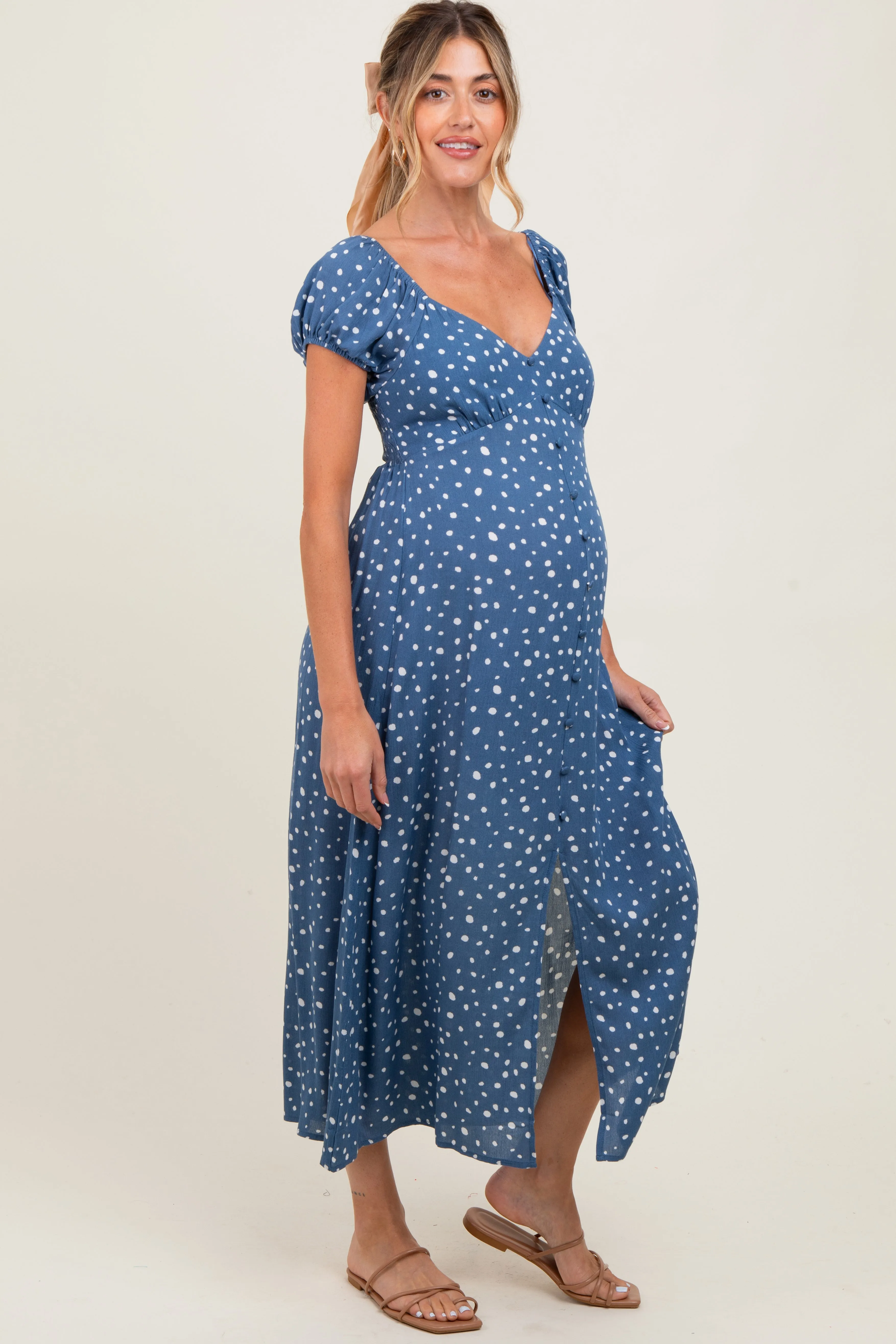 Blue Printed Button Accent Puff Sleeve Maternity Midi Dress sold by Pinkblush product image thumbnail 3