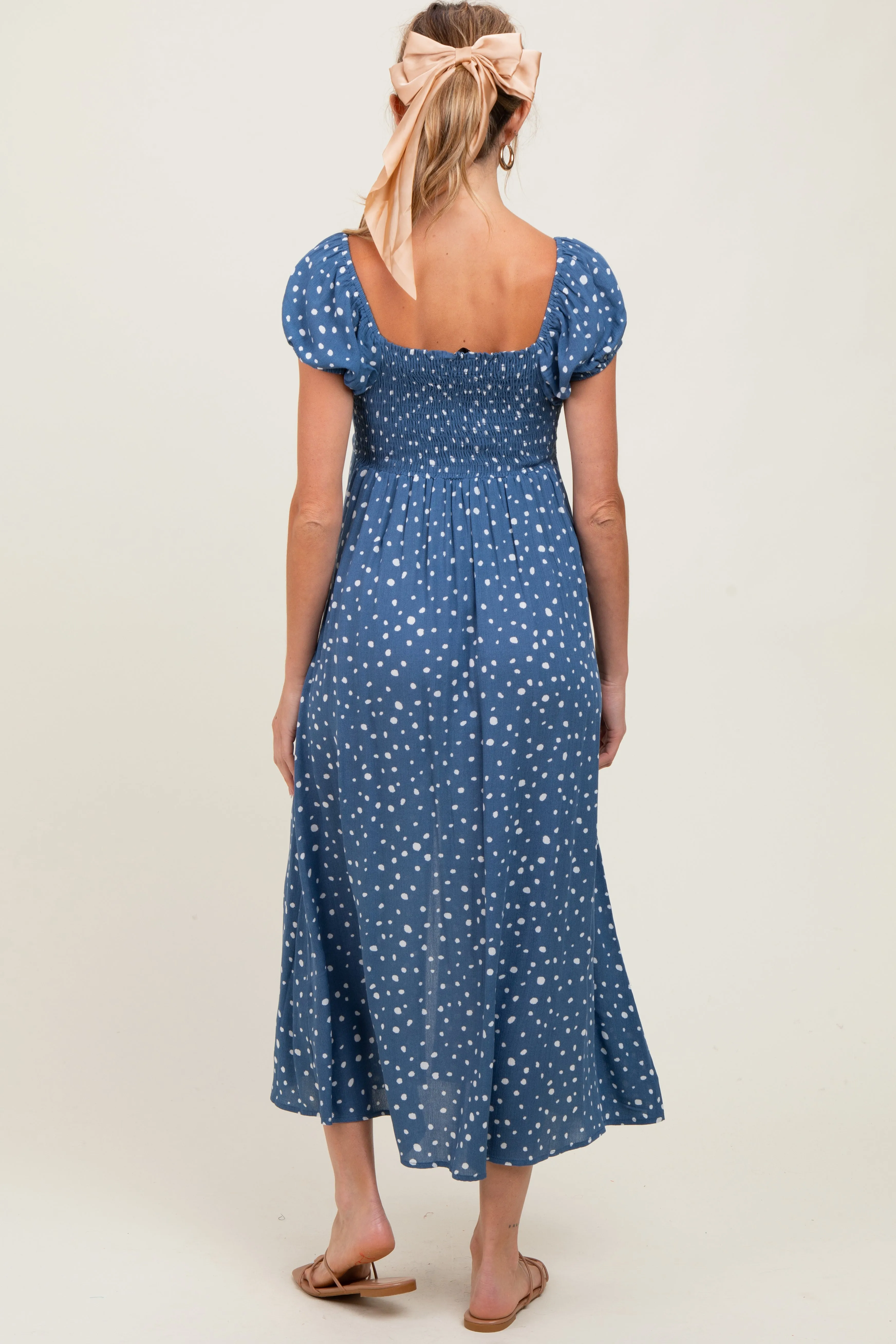 Blue Printed Button Accent Puff Sleeve Maternity Midi Dress sold by Pinkblush product image thumbnail 4