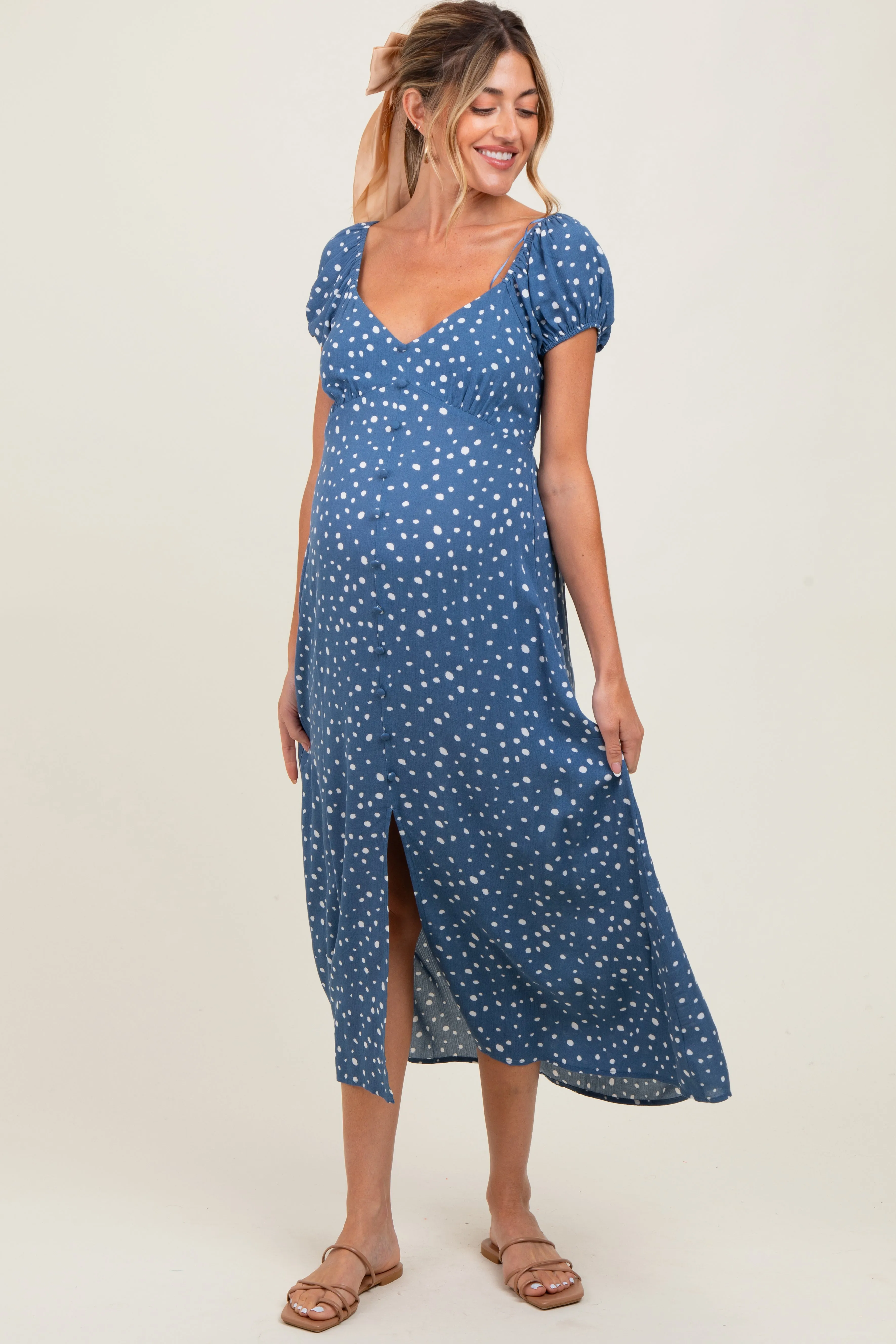 Blue Printed Button Accent Puff Sleeve Maternity Midi Dress sold by Pinkblush