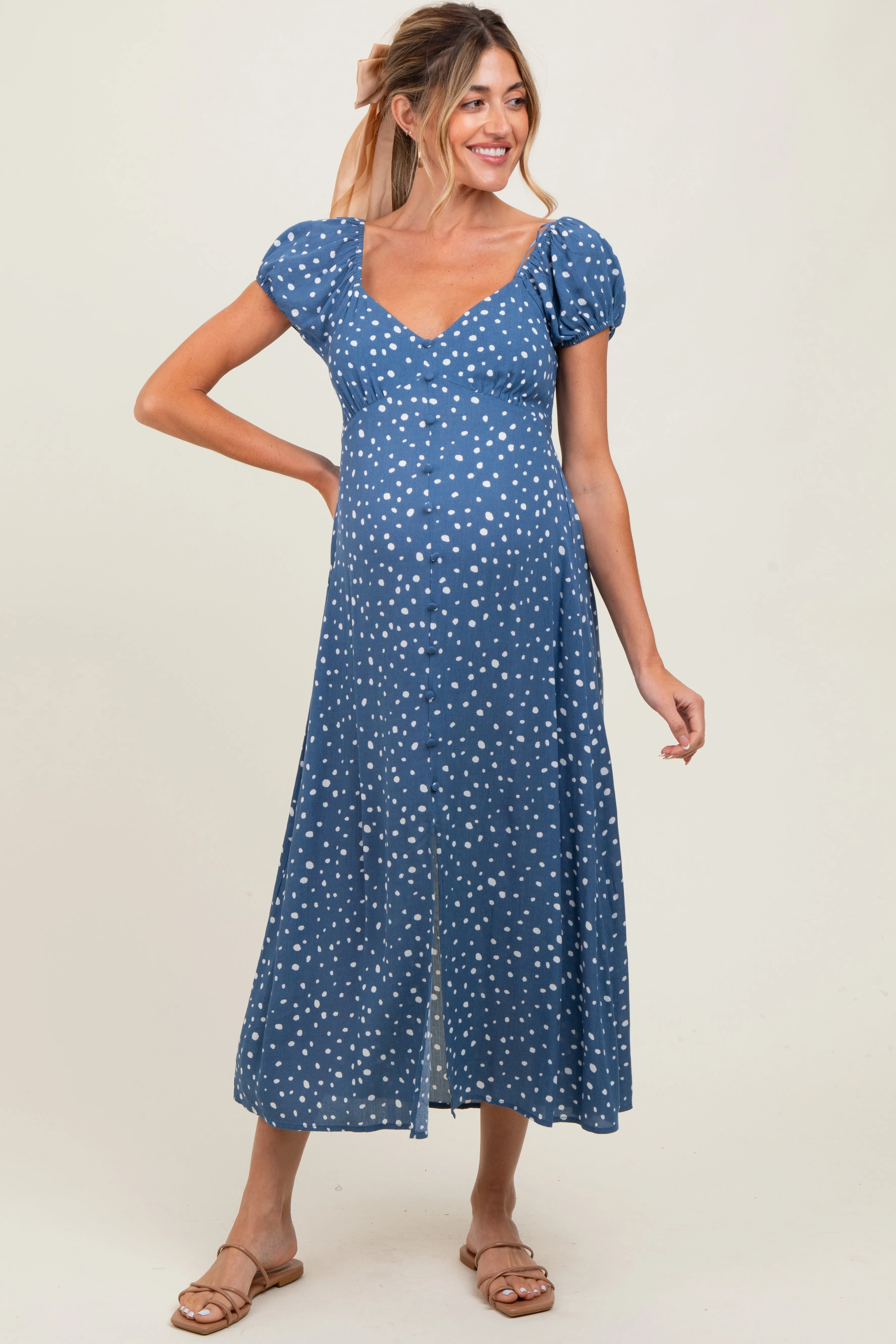Blue Printed Button Accent Puff Sleeve Maternity Midi Dress sold by Pinkblush product image thumbnail 2