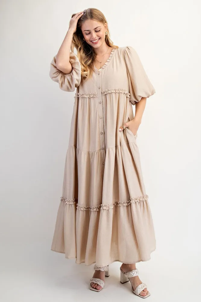 Beige Puff Short Sleeve Crepe Tiered Maxi Dress sold by Pinkblush