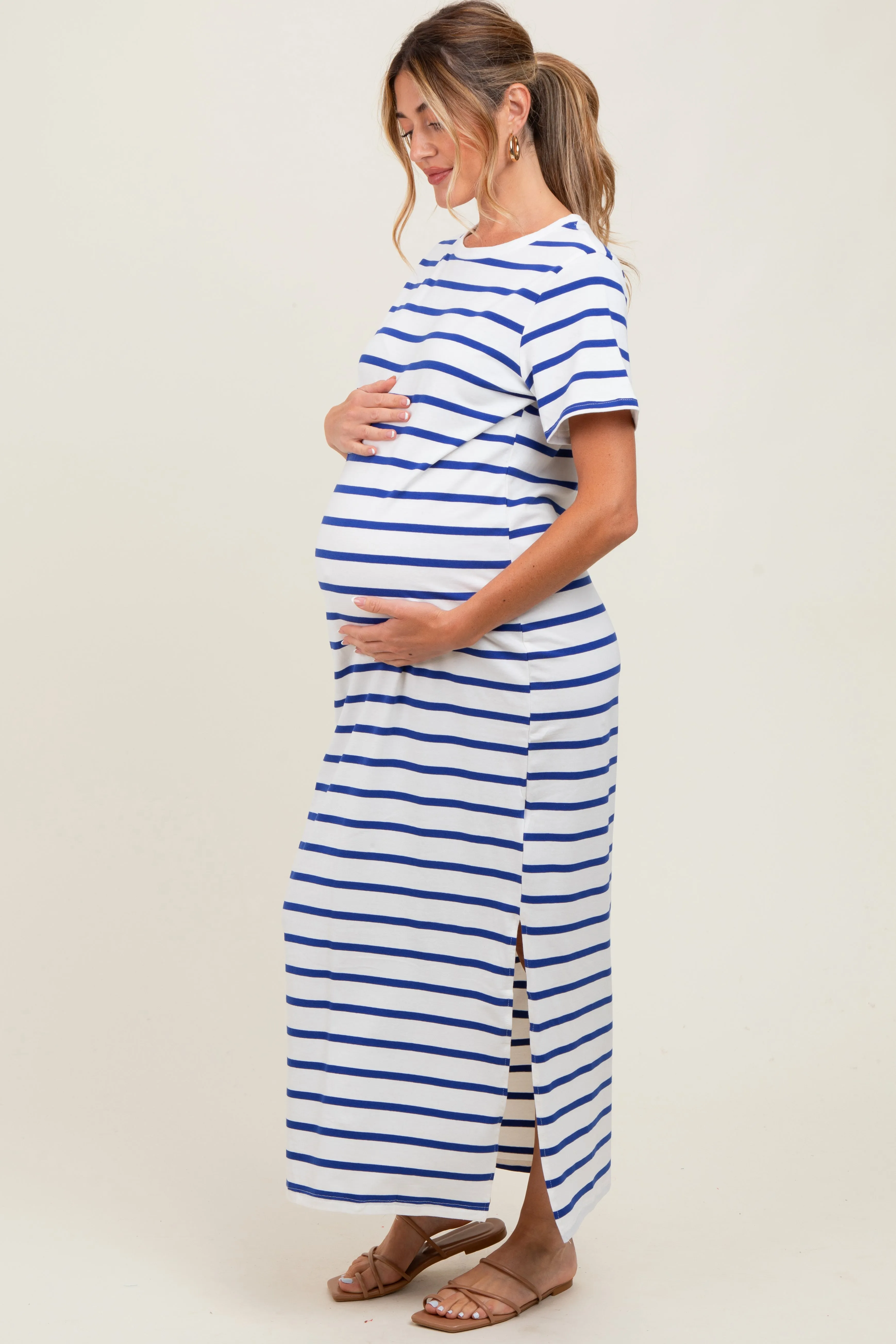 Blue Striped Side Slit Maternity Maxi Dress sold by Pinkblush product image thumbnail 2