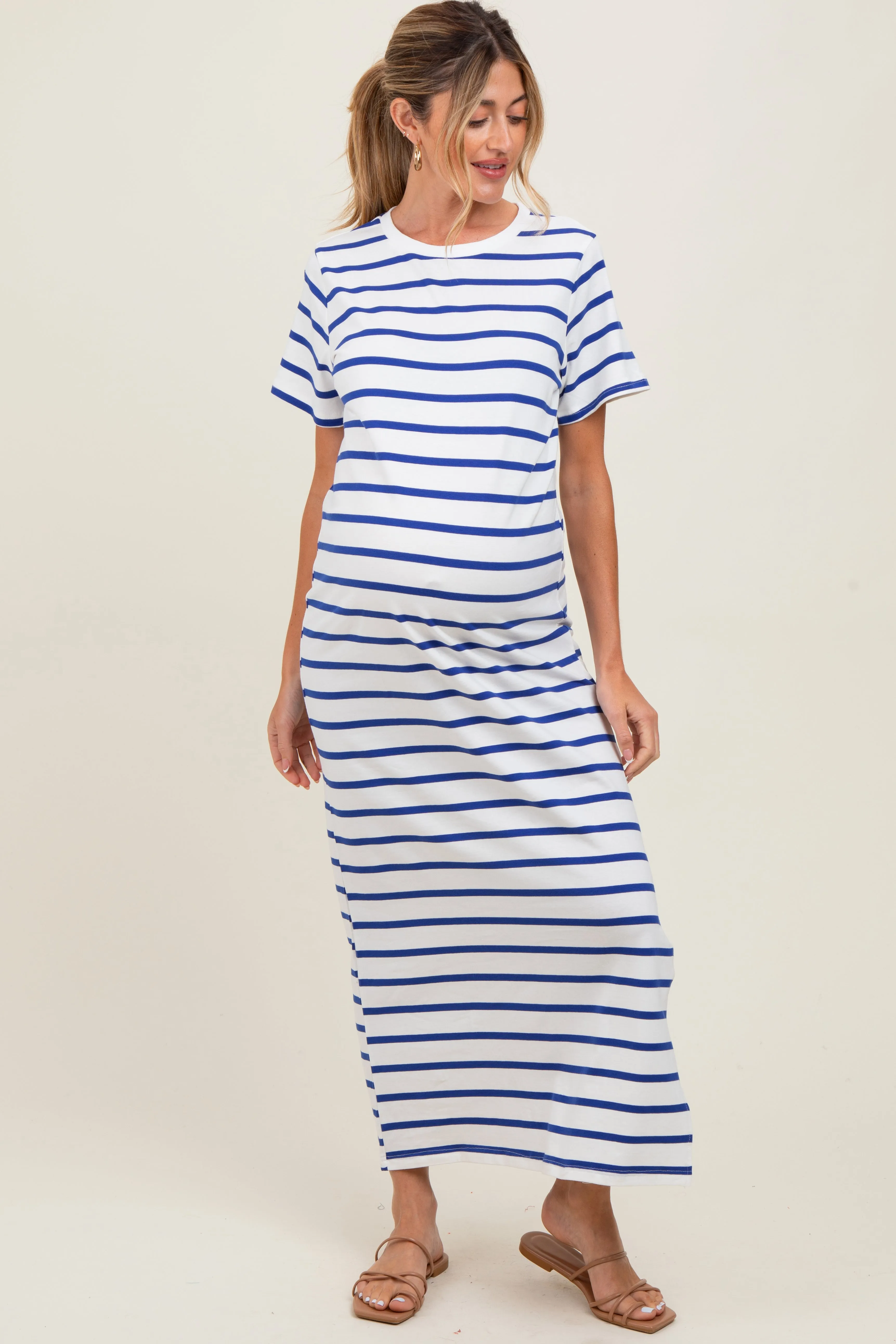 Blue Striped Side Slit Maternity Maxi Dress sold by Pinkblush