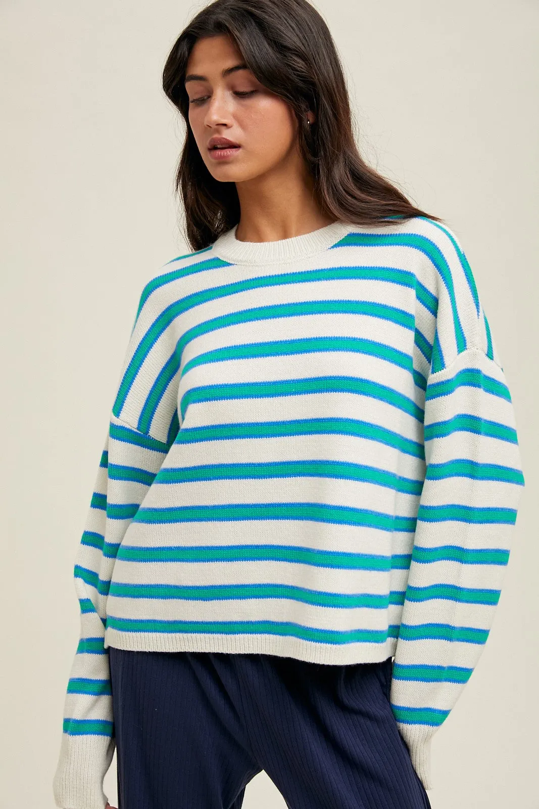 Green Multicolor Stripe Sweater sold by Pinkblush