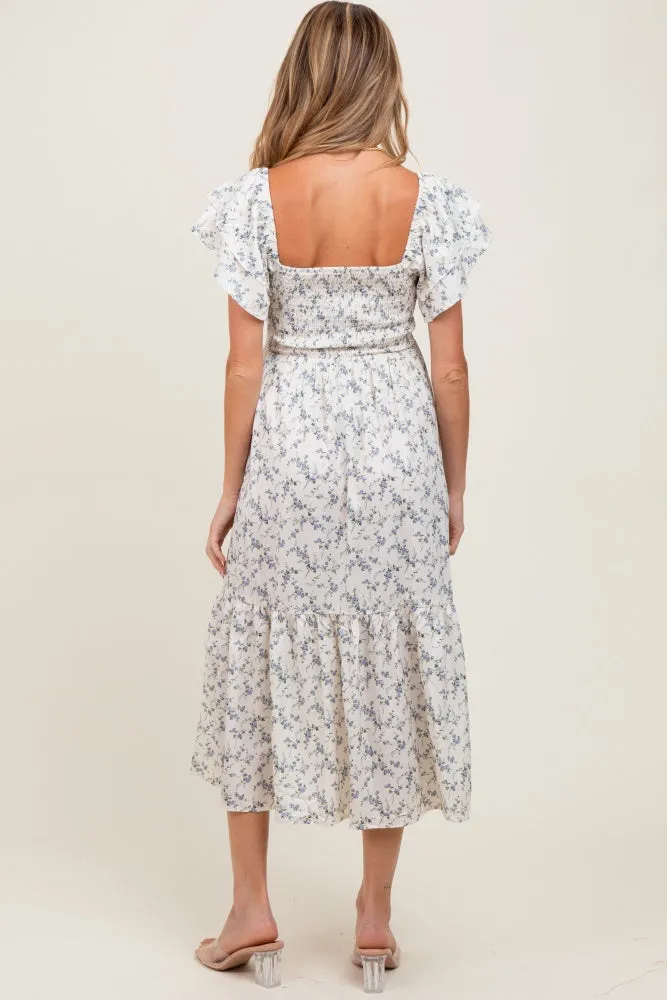 Ivory Floral Smocked Flutter Sleeve Maternity Midi Dress sold by Pinkblush product image thumbnail 3