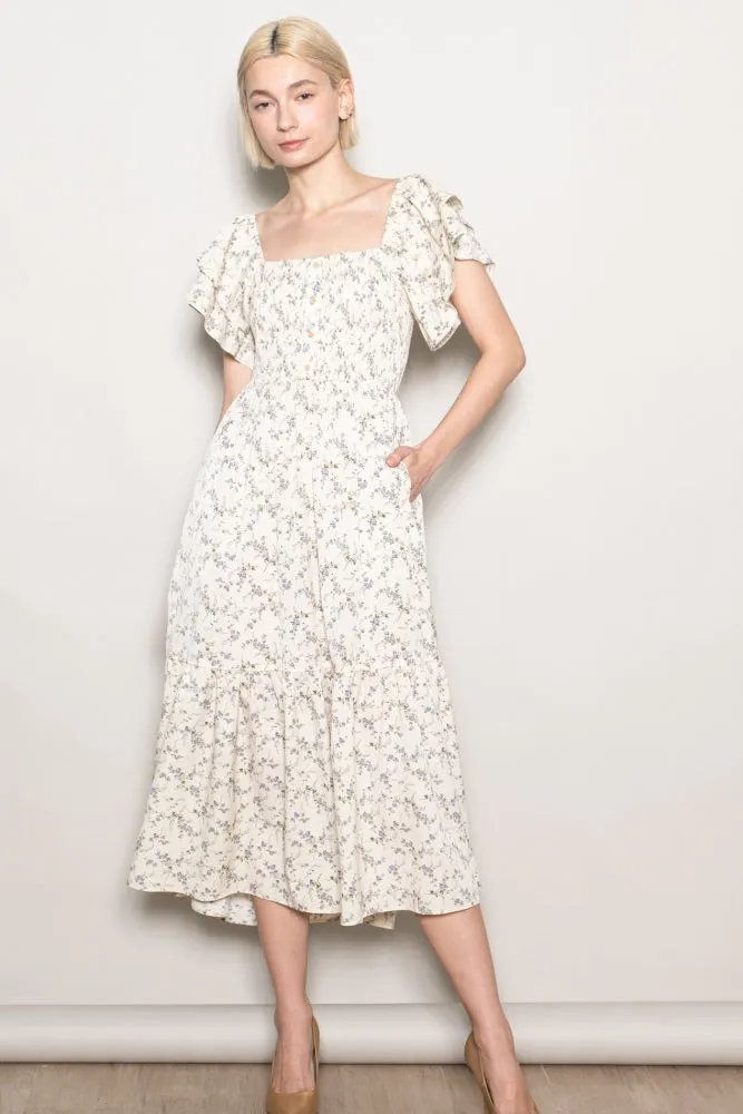 Ivory Floral Smocked Flutter Sleeve Maternity Midi Dress sold by Pinkblush product image thumbnail 4