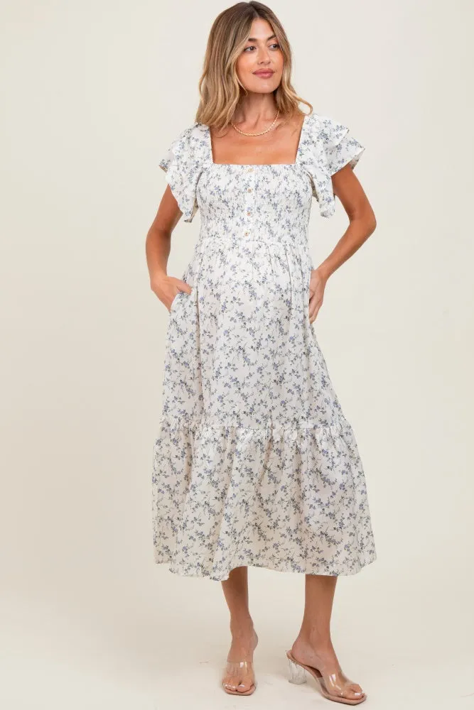 Ivory Floral Smocked Flutter Sleeve Maternity Midi Dress sold by Pinkblush