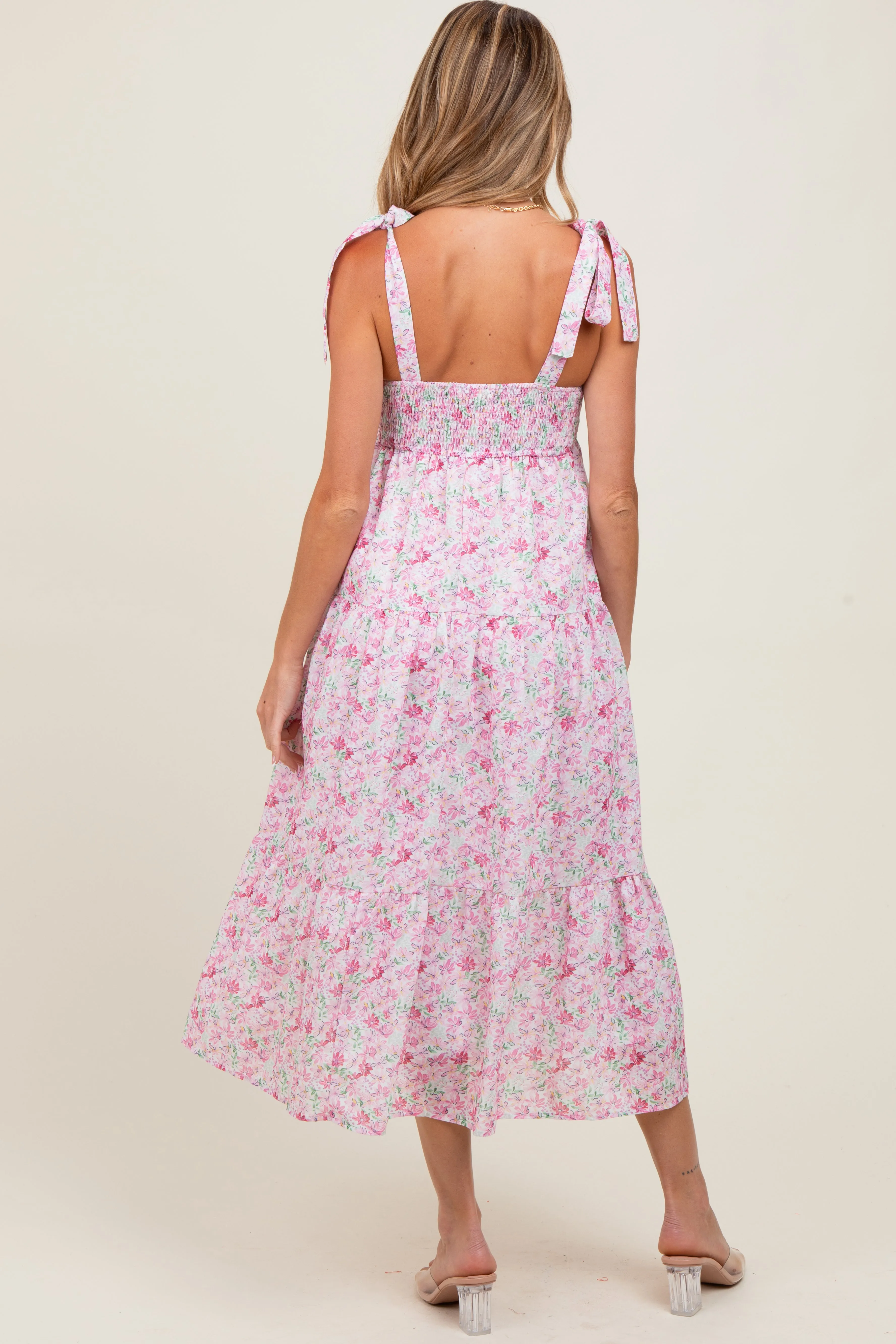 Light Pink Floral Shoulder Tie Maternity Midi Dress sold by Pinkblush product image thumbnail 3