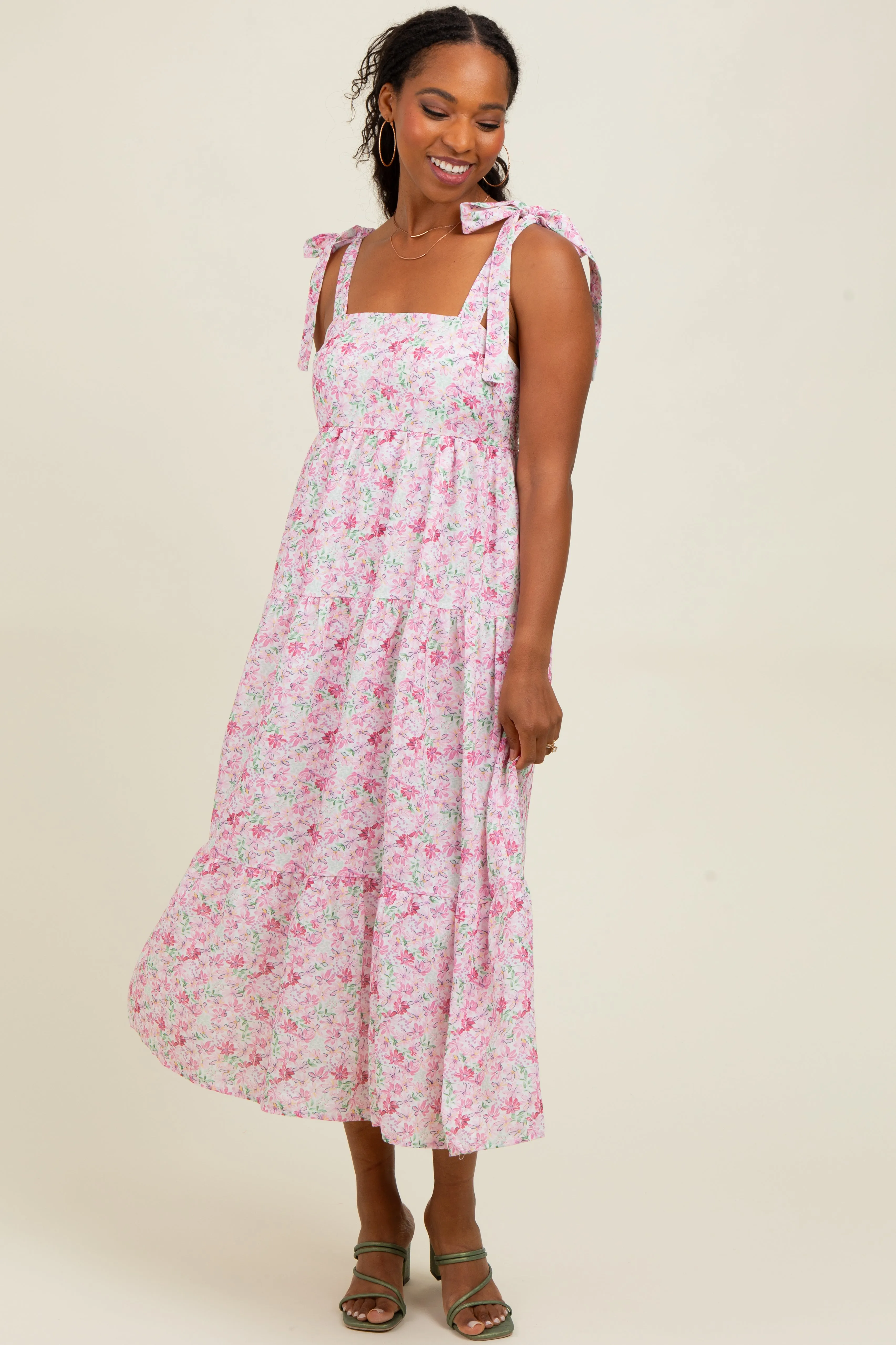 Light Pink Floral Shoulder Tie Maternity Midi Dress sold by Pinkblush product image thumbnail 4