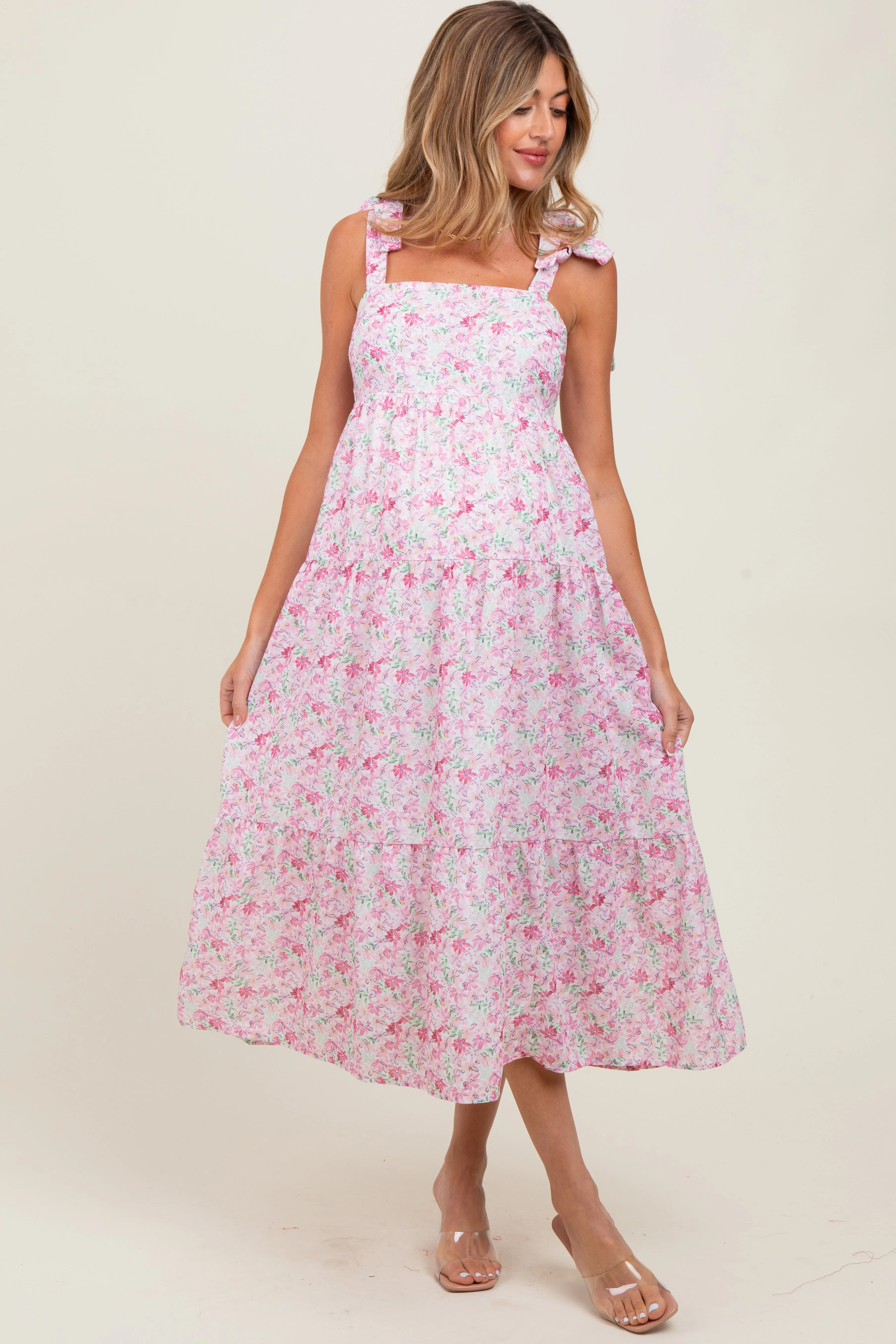 Light Pink Floral Shoulder Tie Maternity Midi Dress sold by Pinkblush