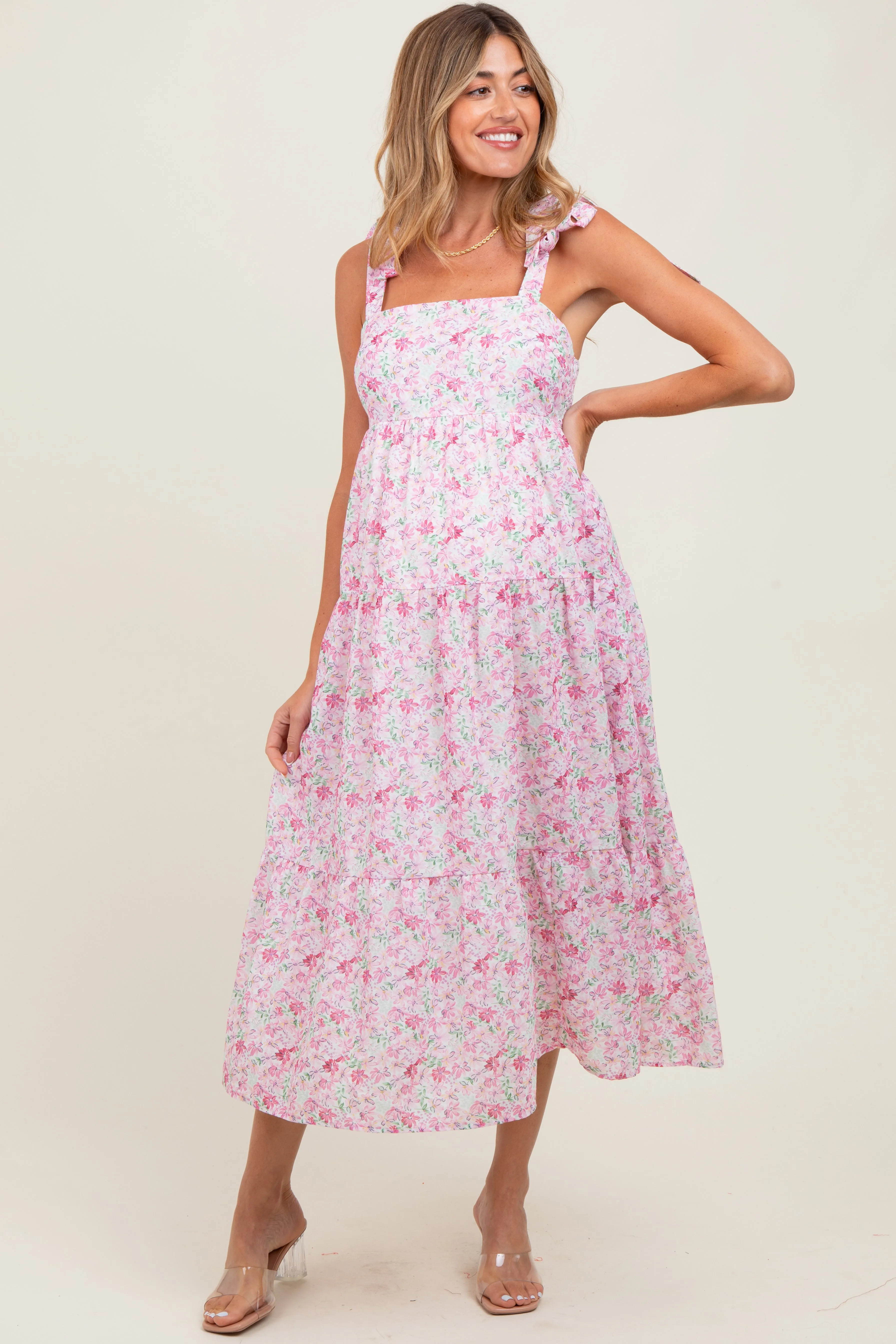 Light Pink Floral Shoulder Tie Maternity Midi Dress sold by Pinkblush product image thumbnail 2