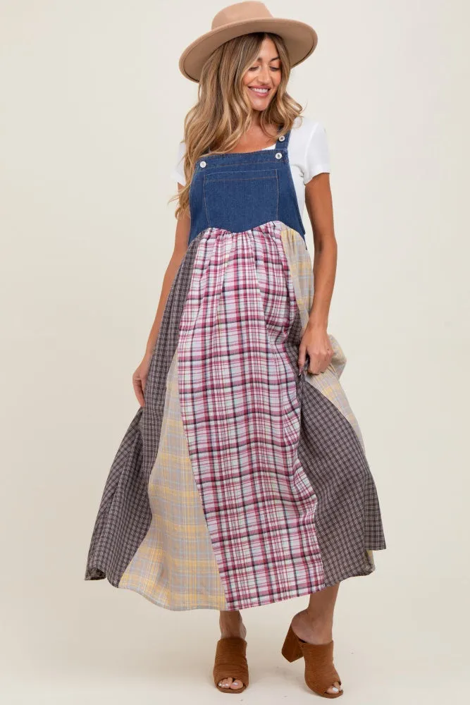 Multicolor Plaid Colorblock Denim Overall Maternity Dress sold by Pinkblush