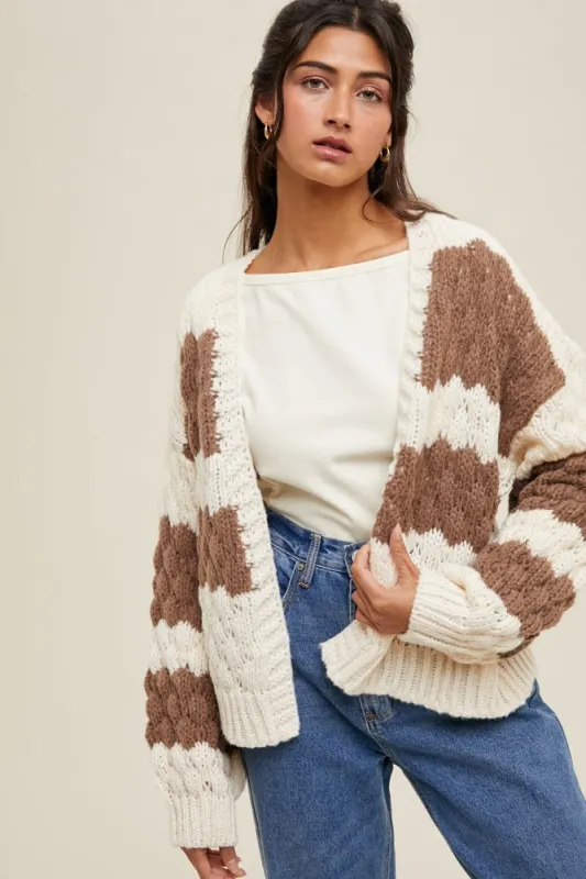 Brown Colorblock Chunky Knit Open Cardigan sold by Pinkblush