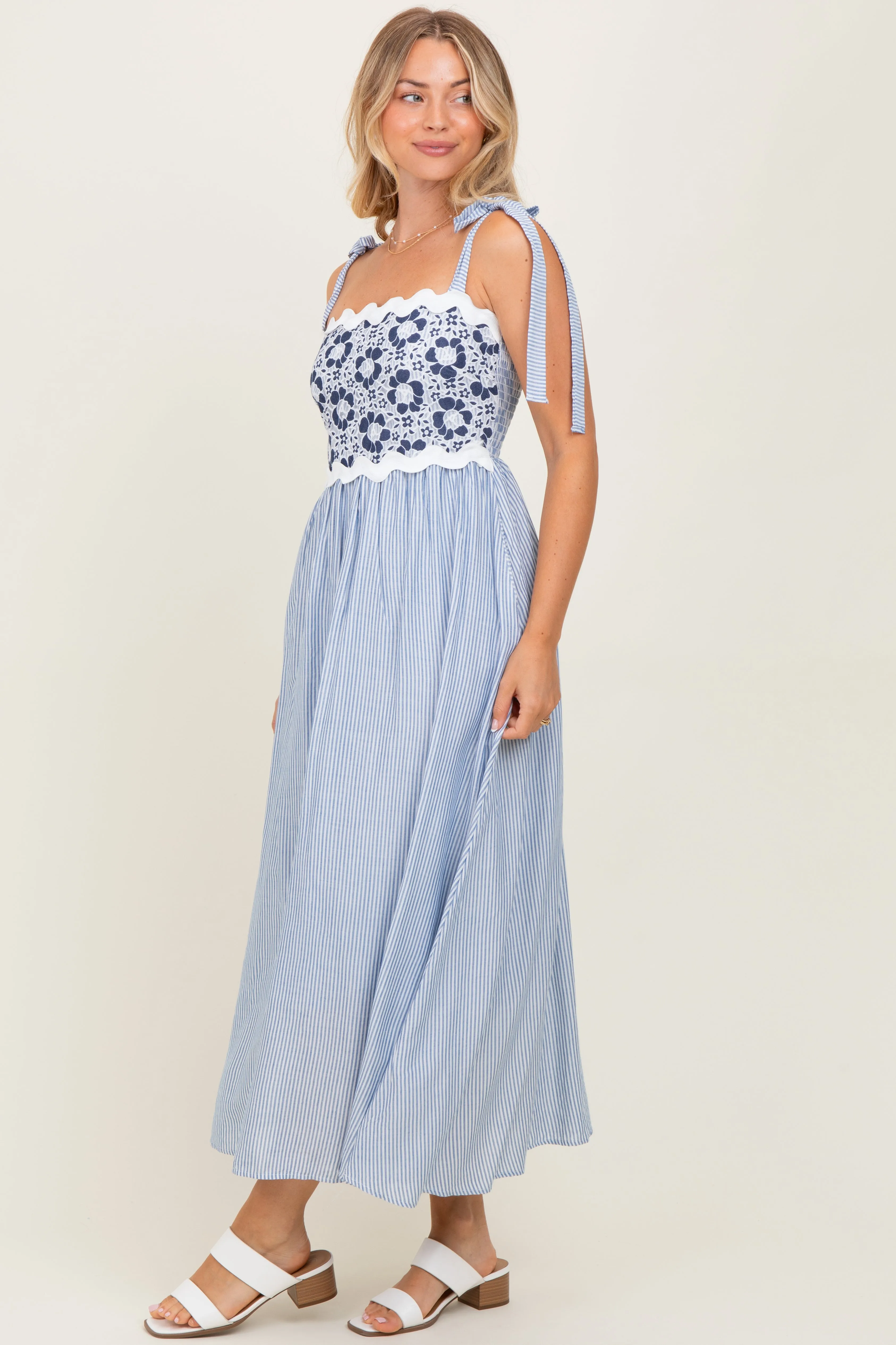 Blue Striped Floral Lace Sleeveless Midi Dress sold by Pinkblush product image thumbnail 3