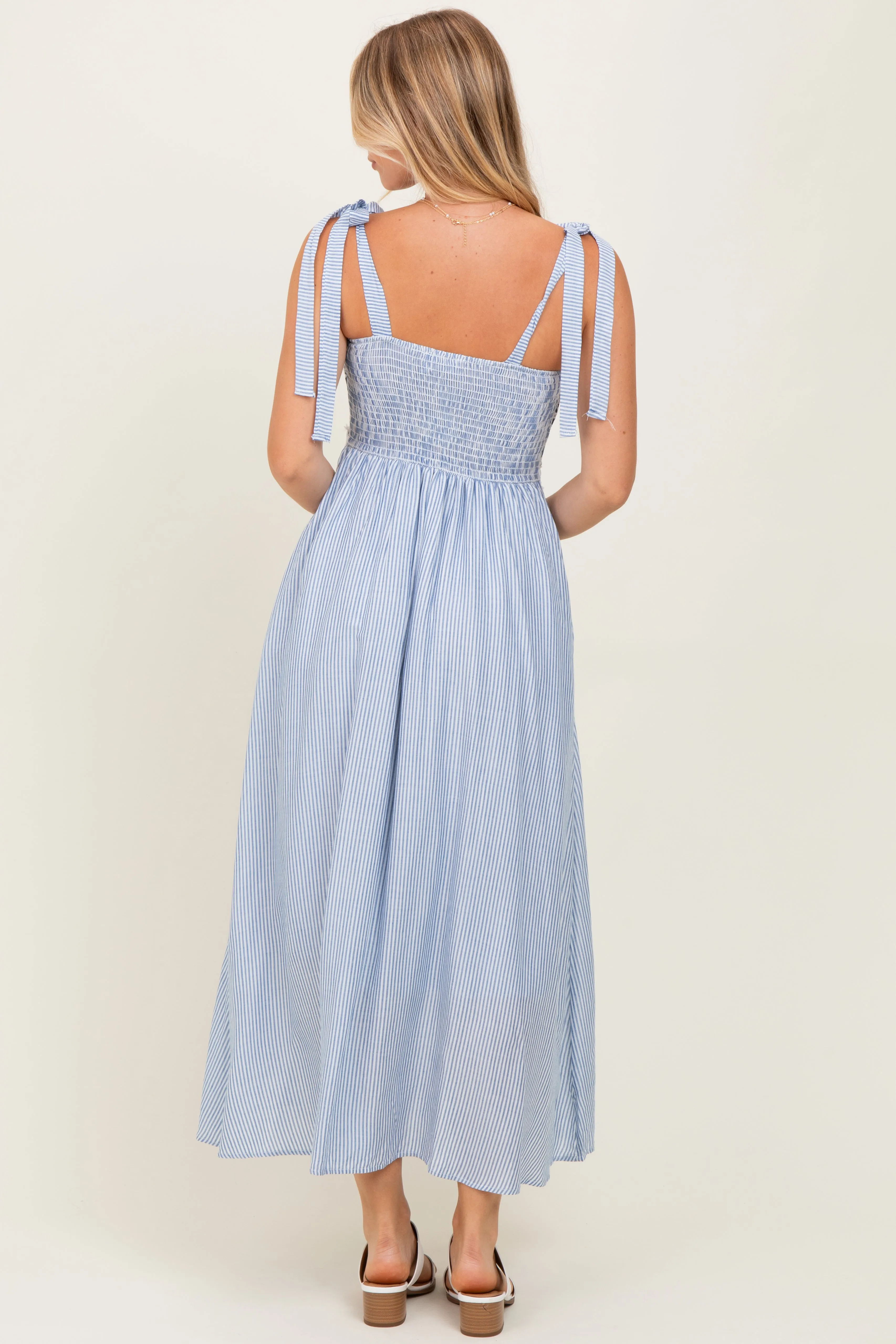 Blue Striped Floral Lace Sleeveless Midi Dress sold by Pinkblush product image thumbnail 4